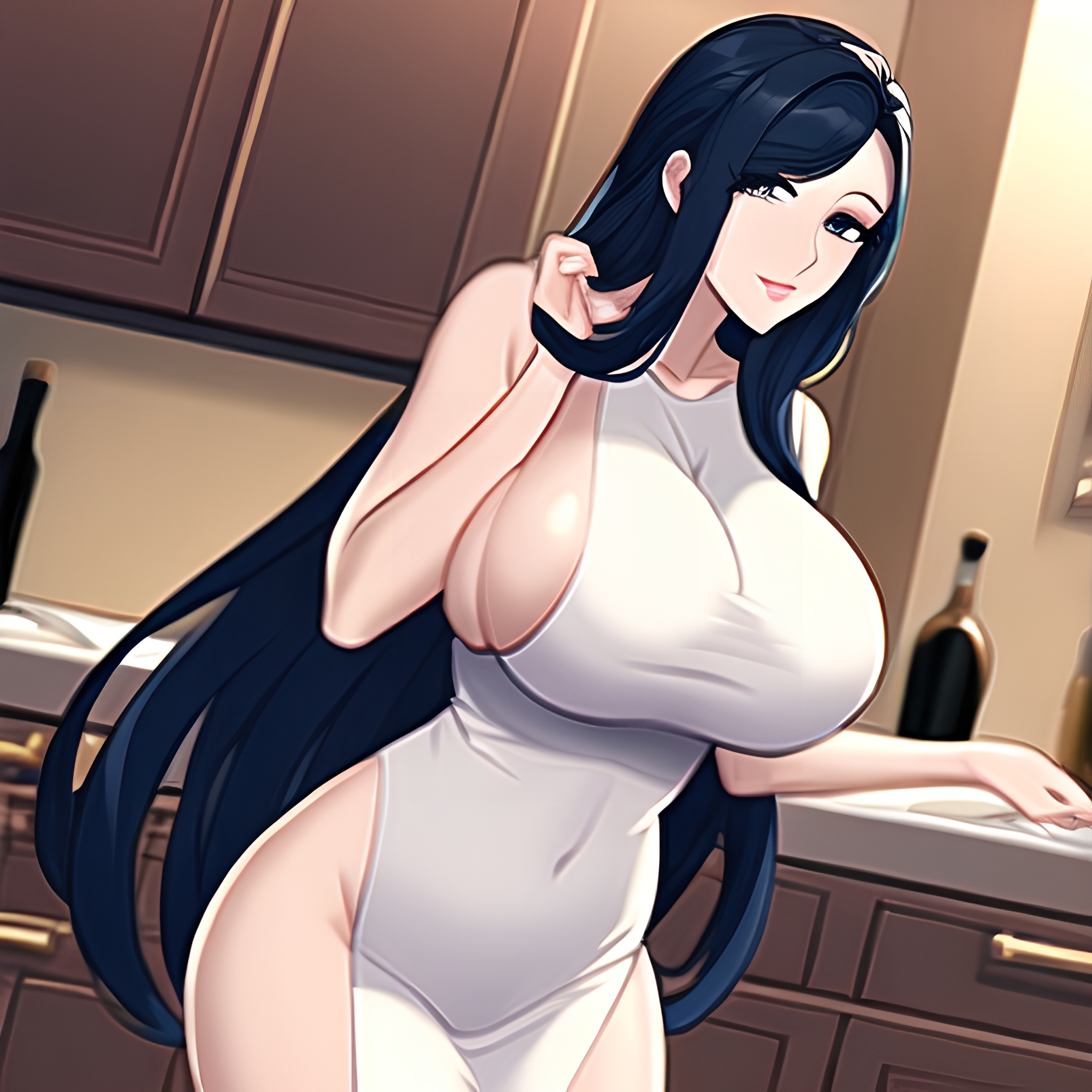 kitchen long hair perfect boobs front view nude woman 