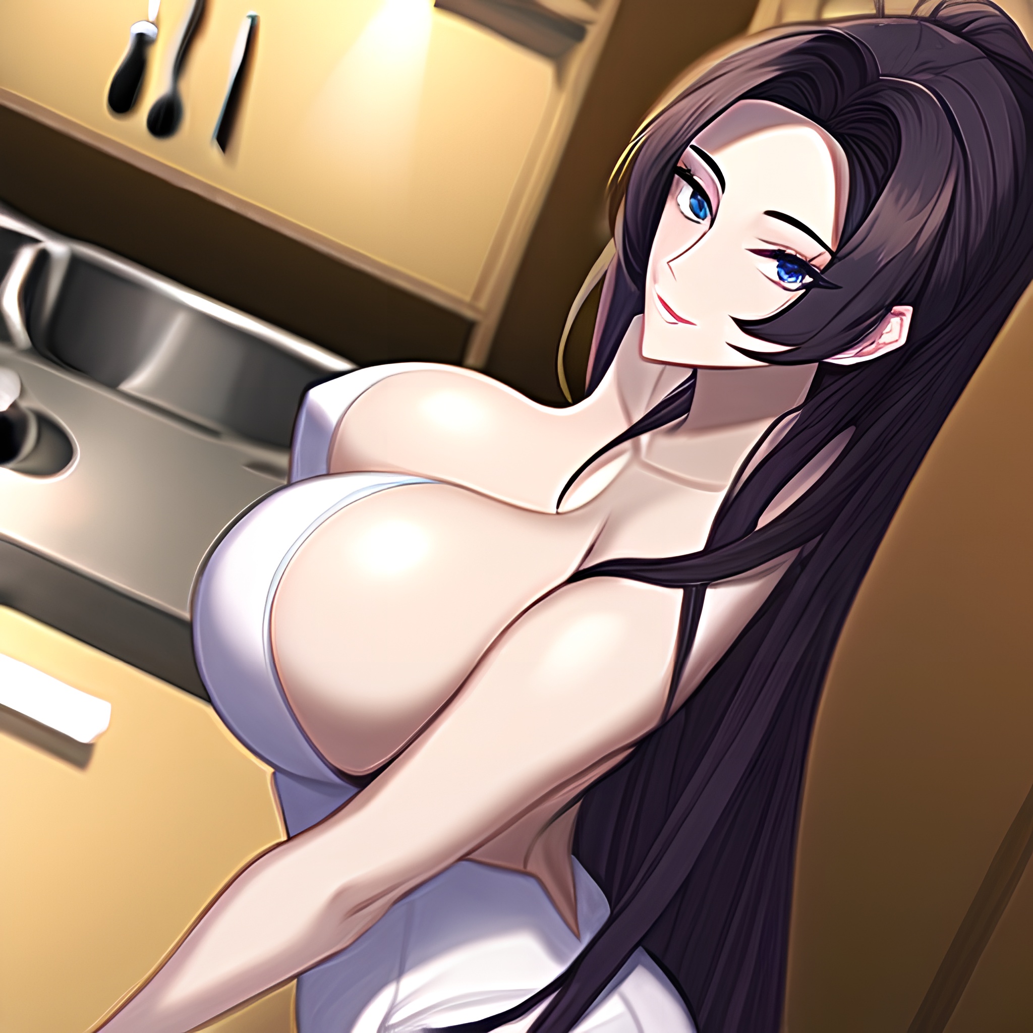 kitchen long hair perfect boobs front view woman nude 