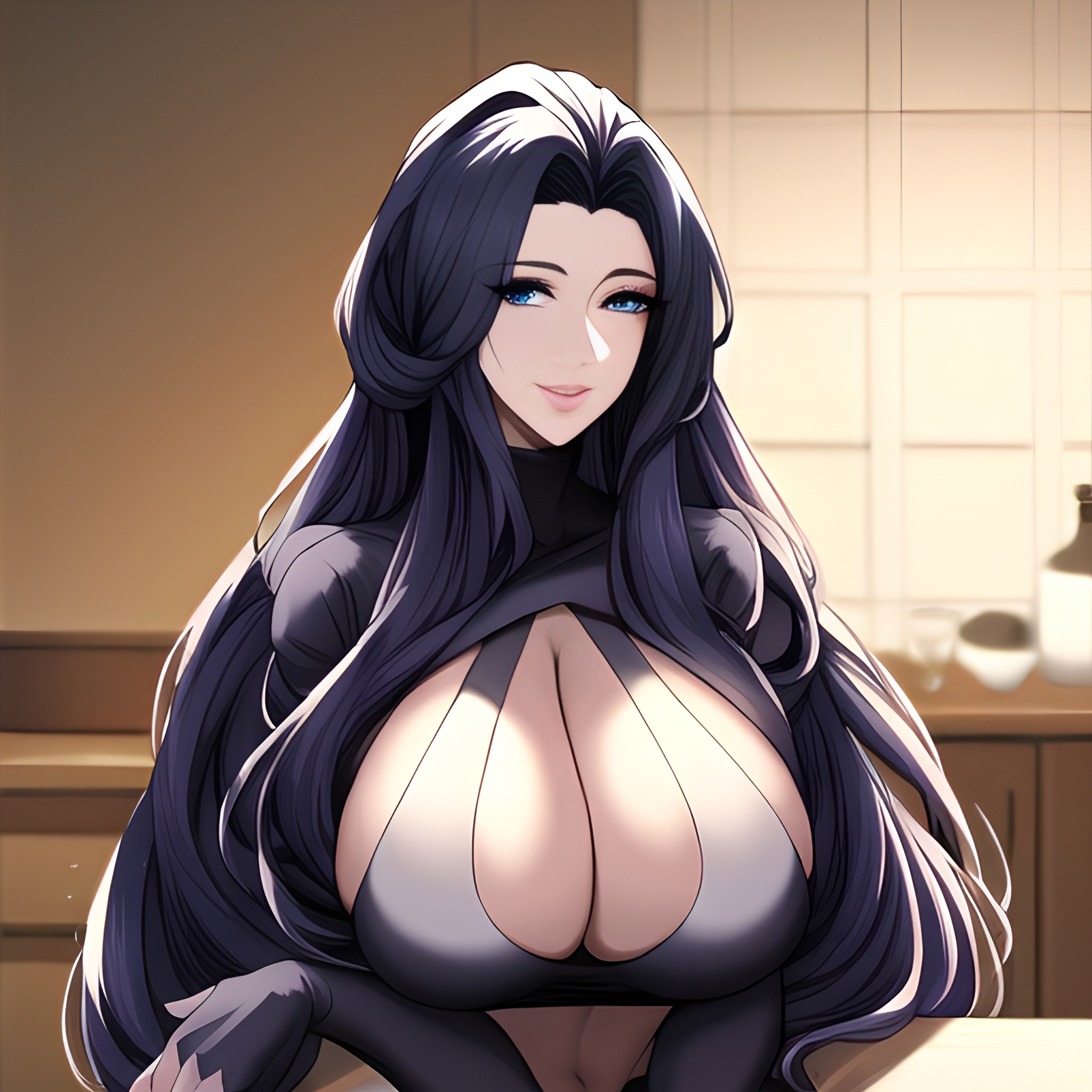 kitchen long hair perfect boobs woman front view nude 