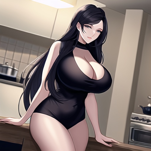 kitchen long hair woman nude perfect boobs front view 