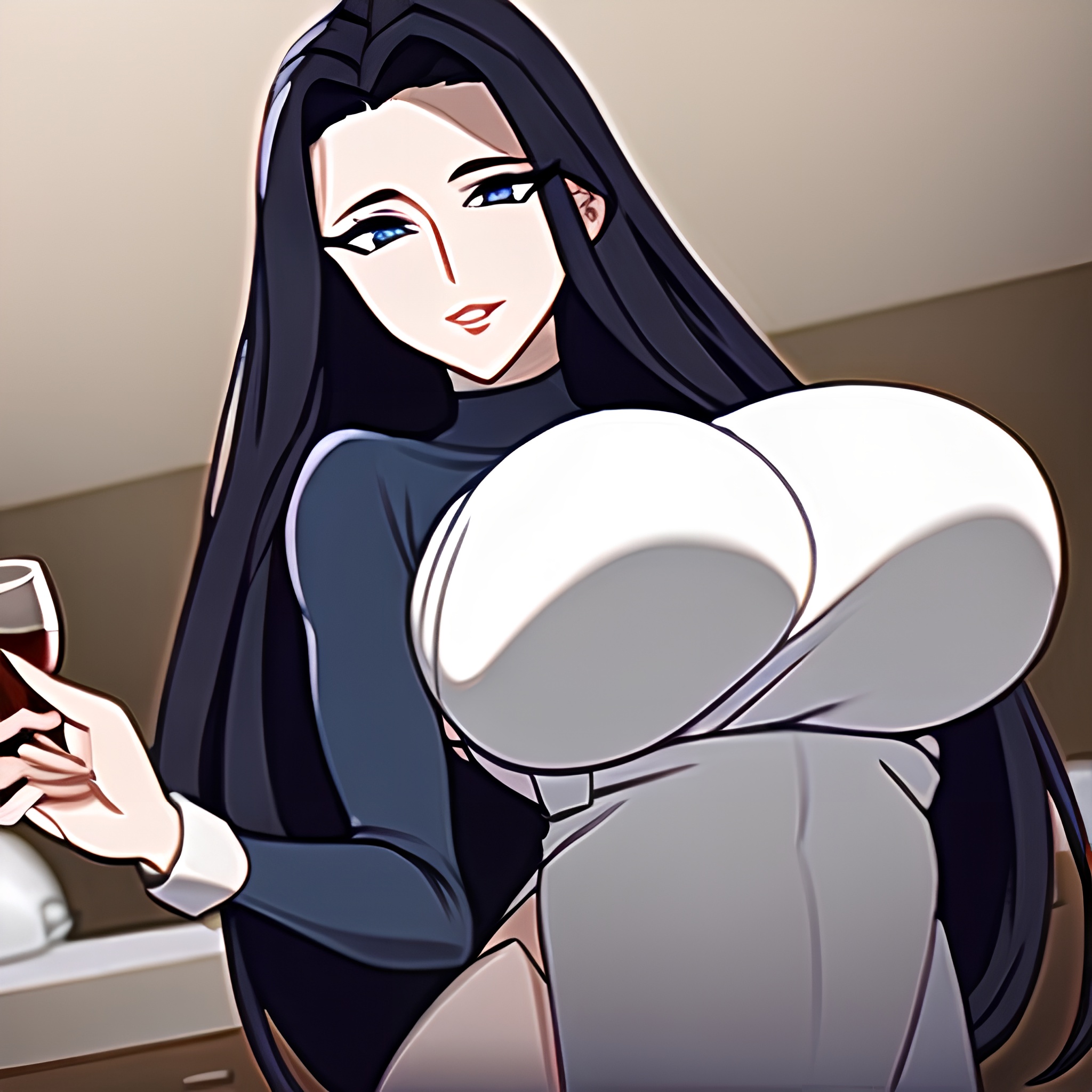 kitchen long hair woman perfect boobs front view nude 