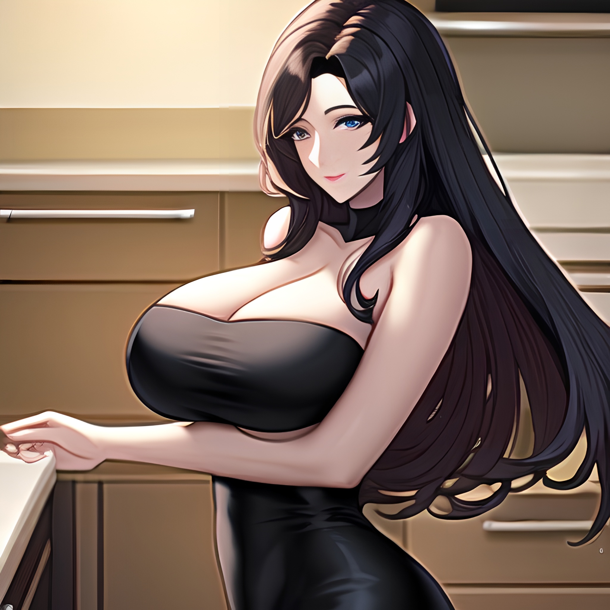 kitchen long hair woman perfect boobs nude front view 