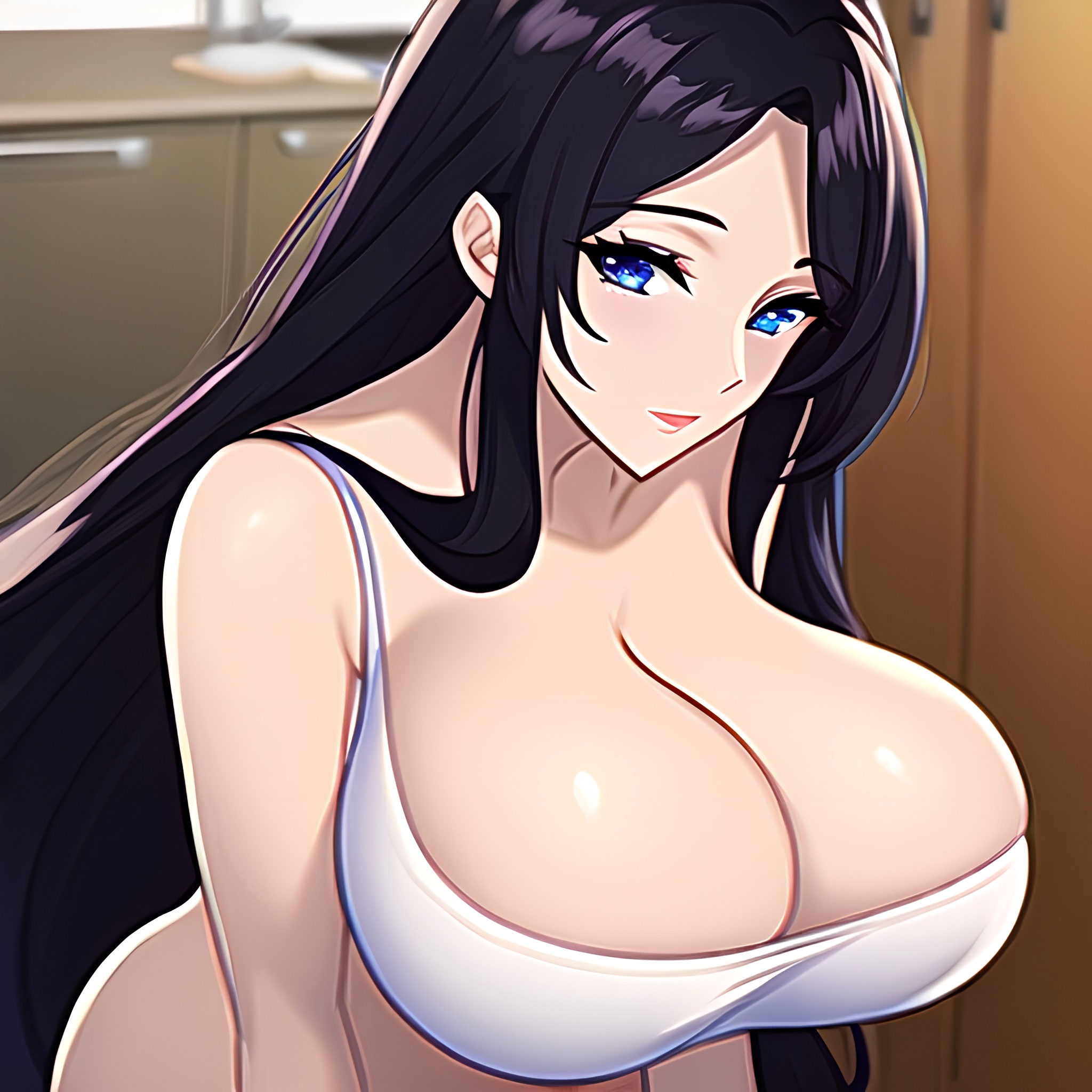 kitchen nude front view perfect boobs woman long hair 