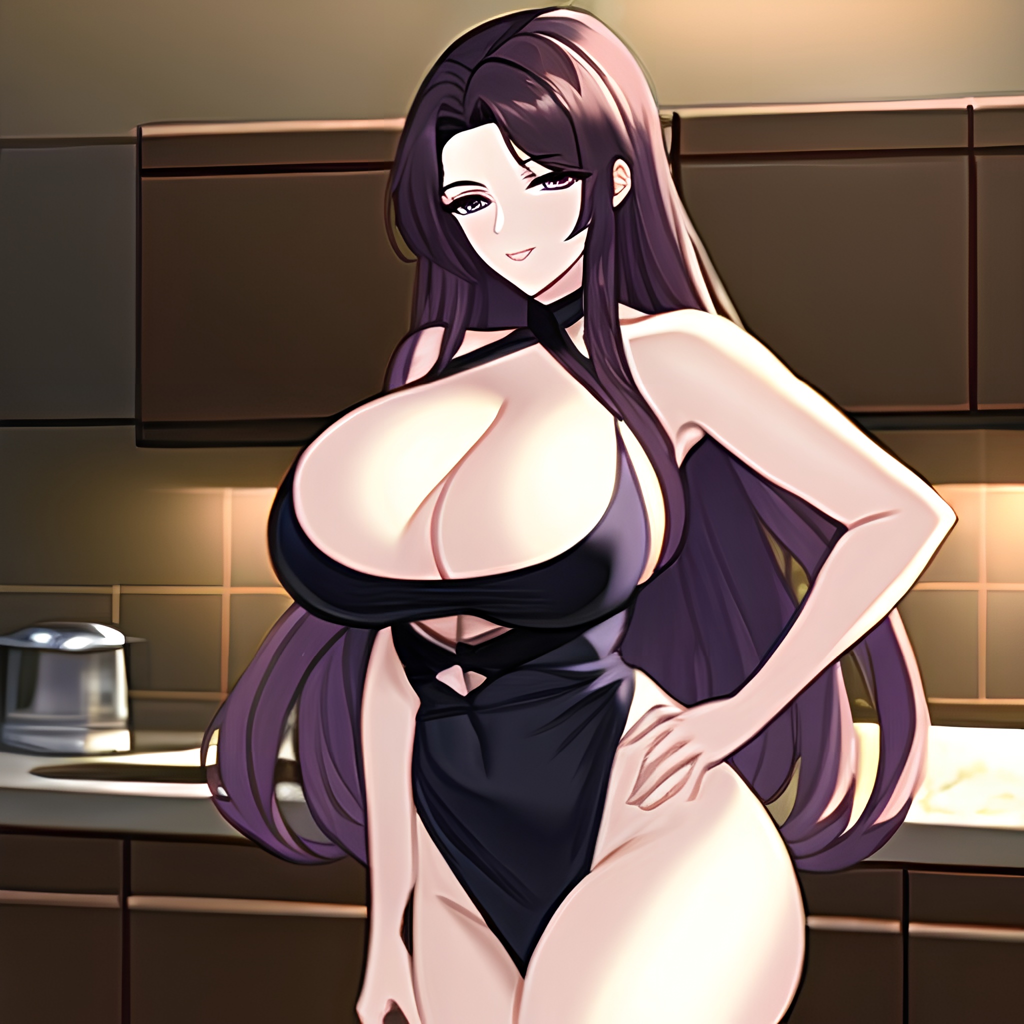 kitchen nude long hair front view perfect boobs woman 