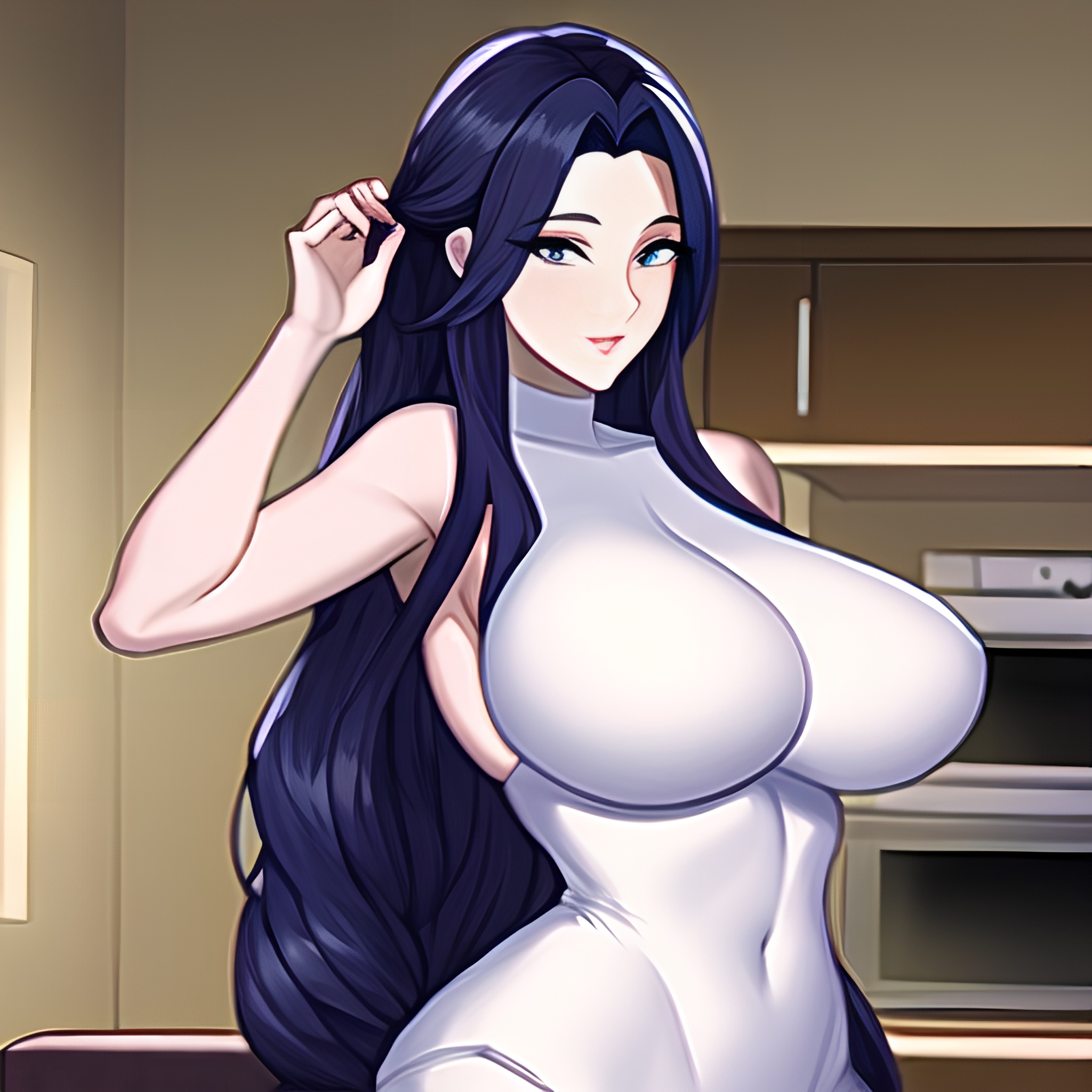 kitchen nude long hair front view woman perfect boobs 