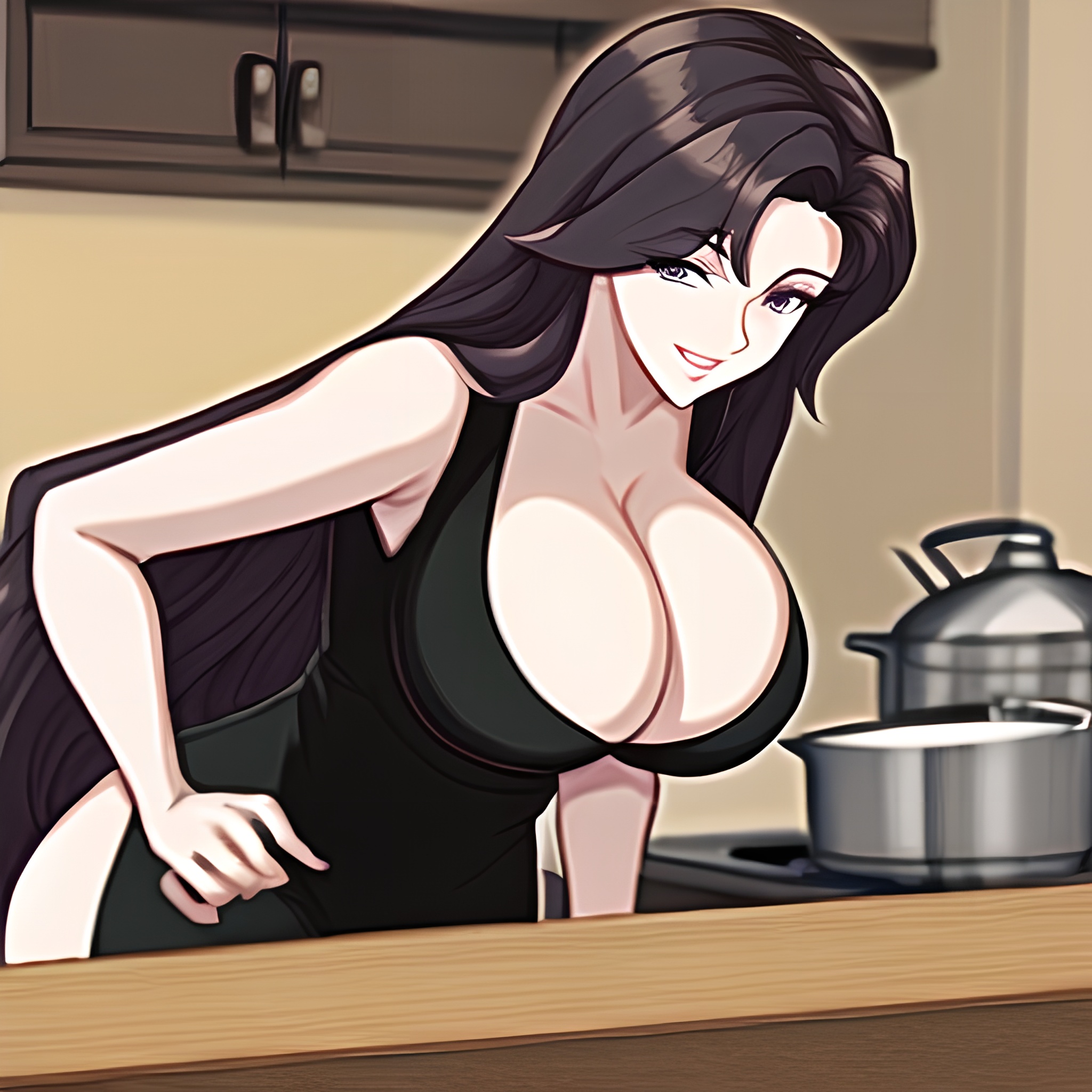 kitchen nude long hair front view woman perfect boobs 