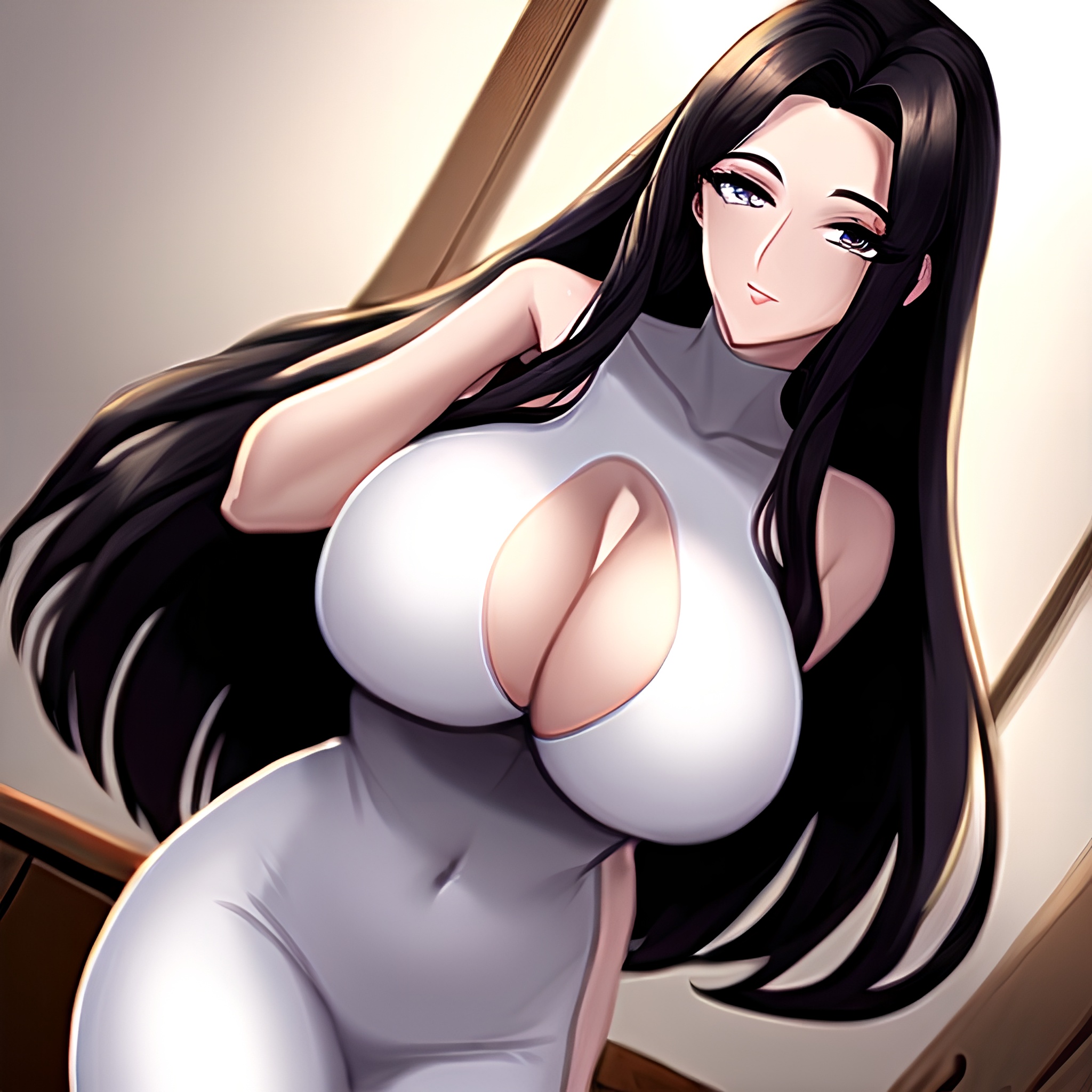 kitchen nude long hair perfect boobs front view woman 