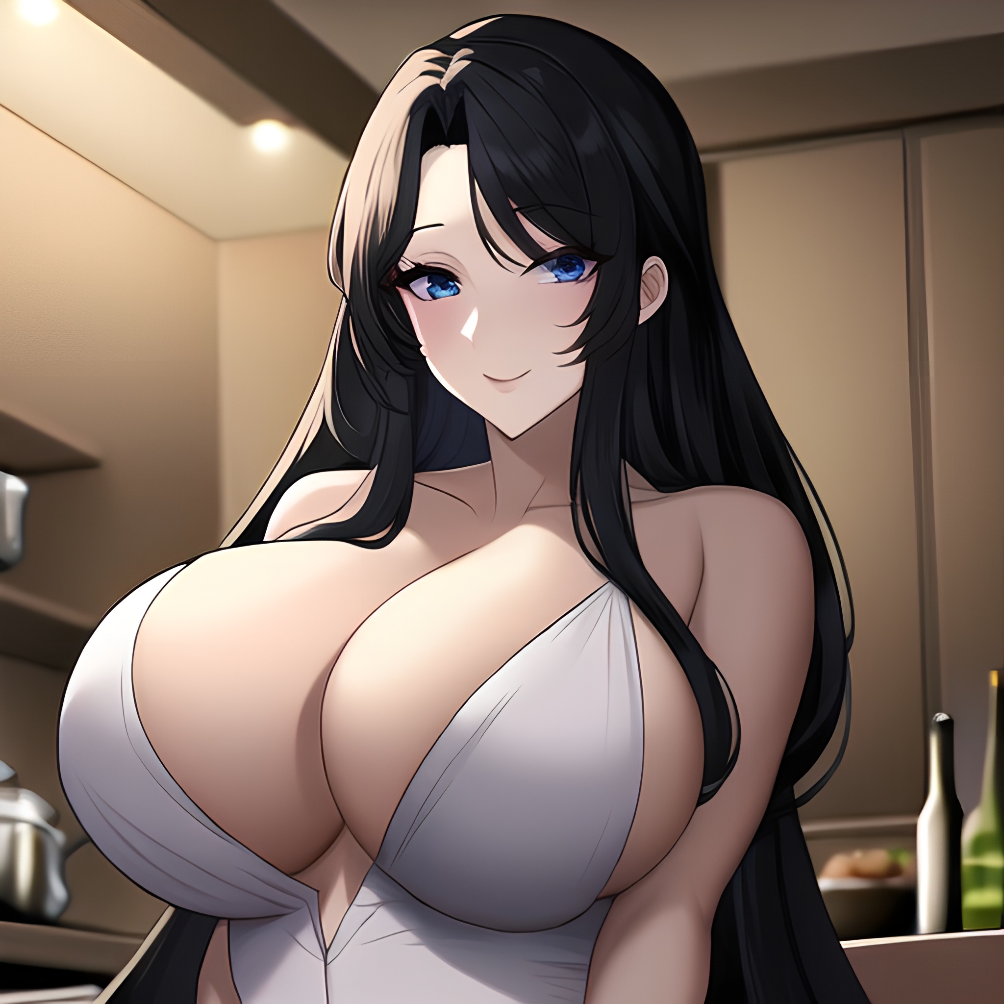 kitchen nude long hair woman front view perfect boobs 