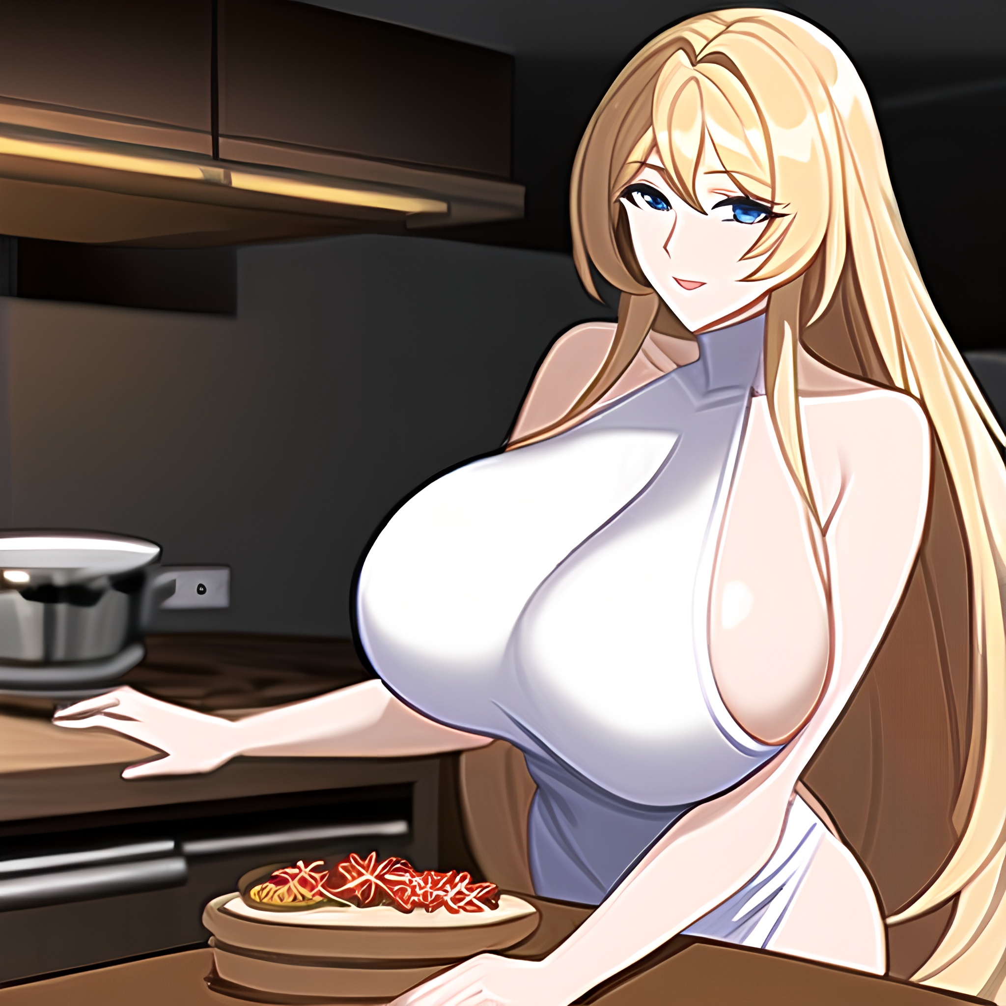 kitchen nude long hair woman front view perfect boobs 