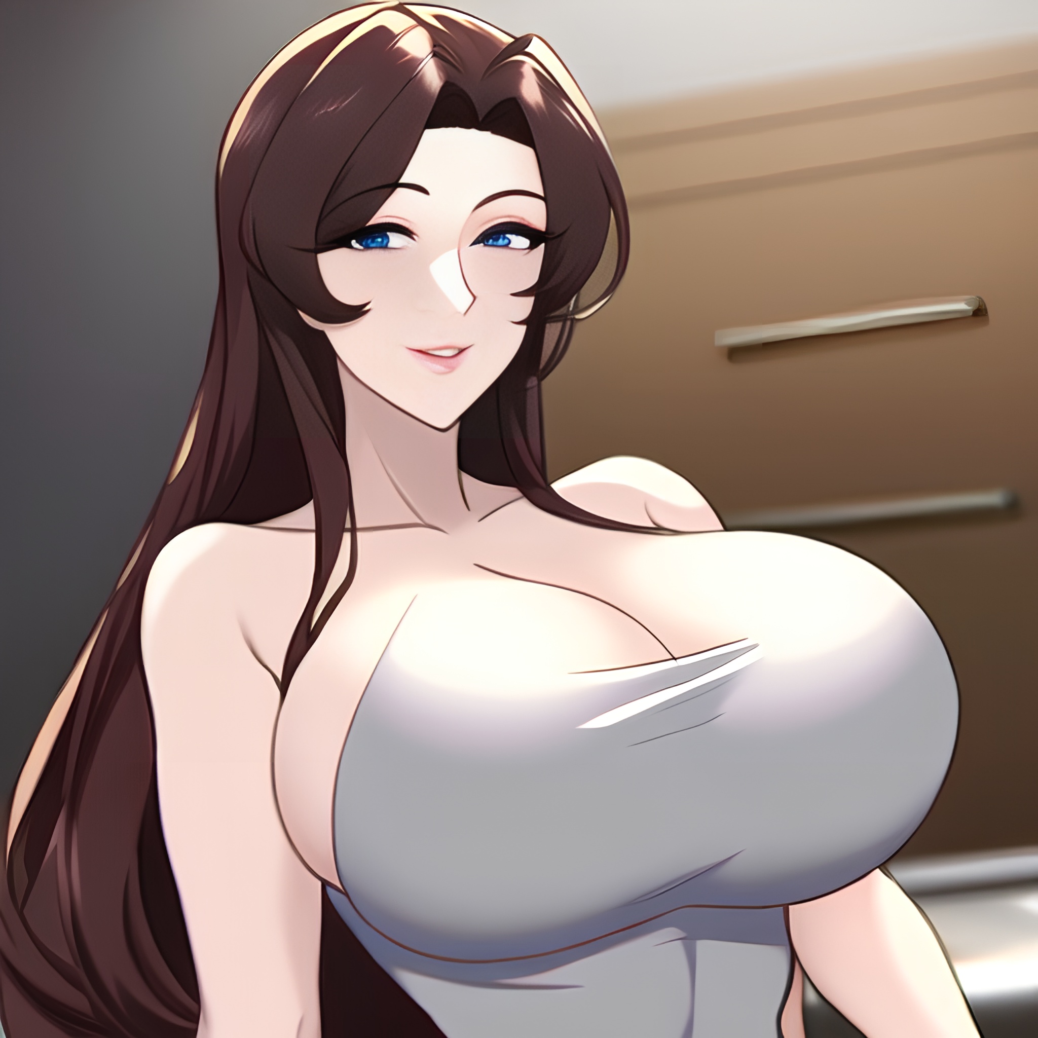 kitchen nude perfect boobs front view woman long hair 