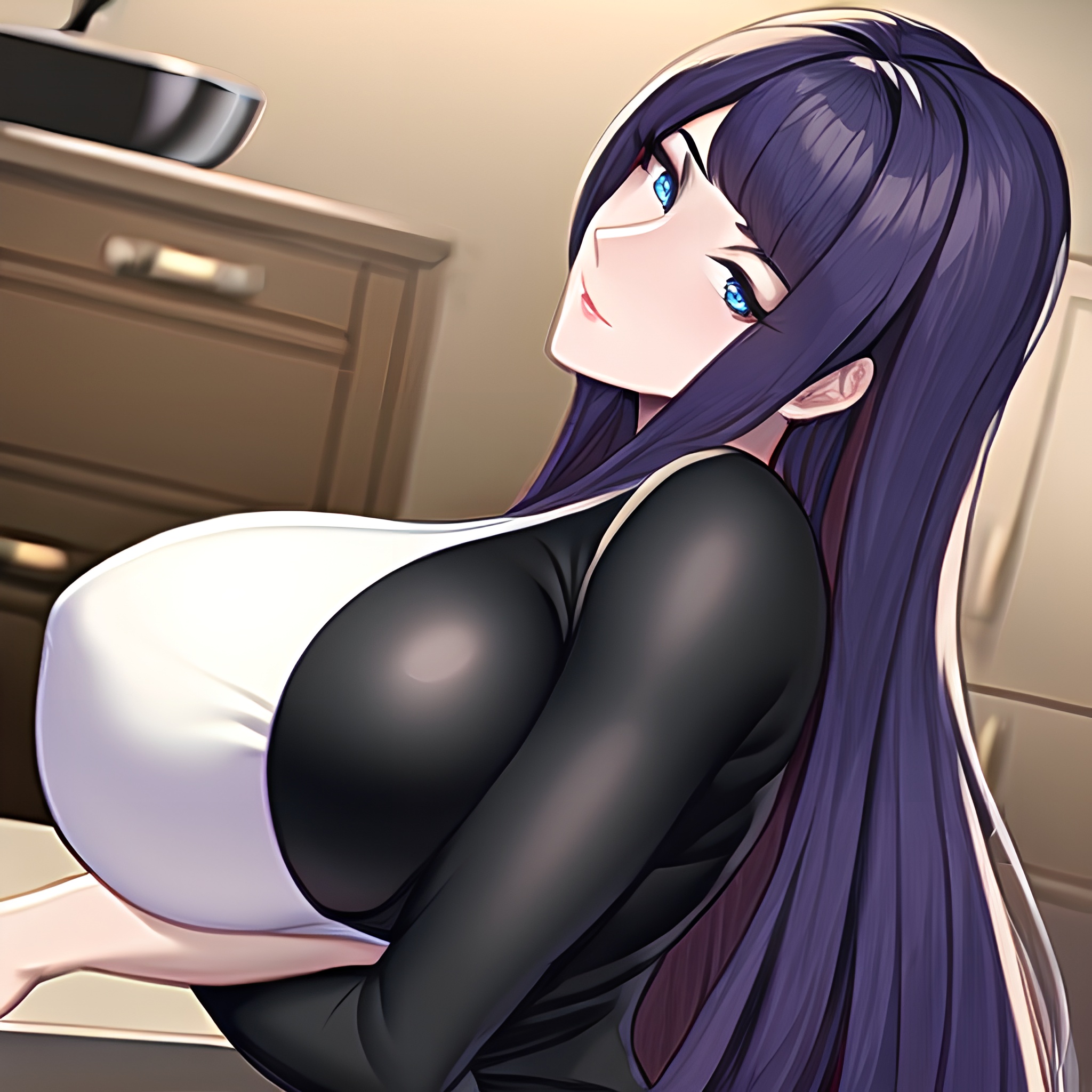 kitchen nude perfect boobs woman long hair front view 