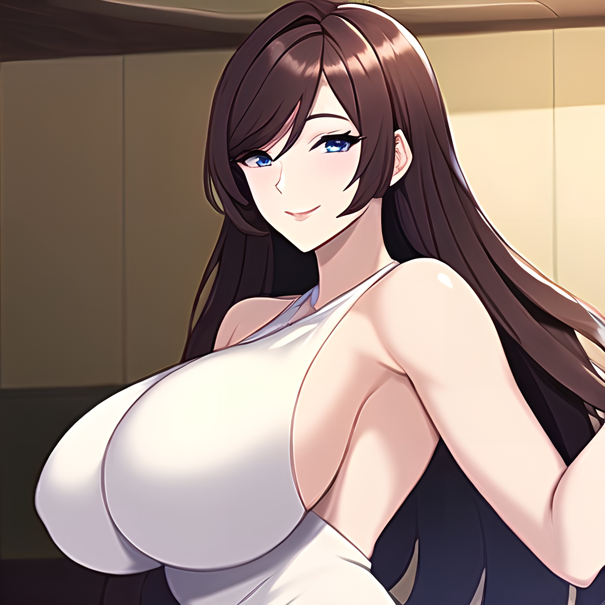 kitchen nude woman front view perfect boobs long hair 