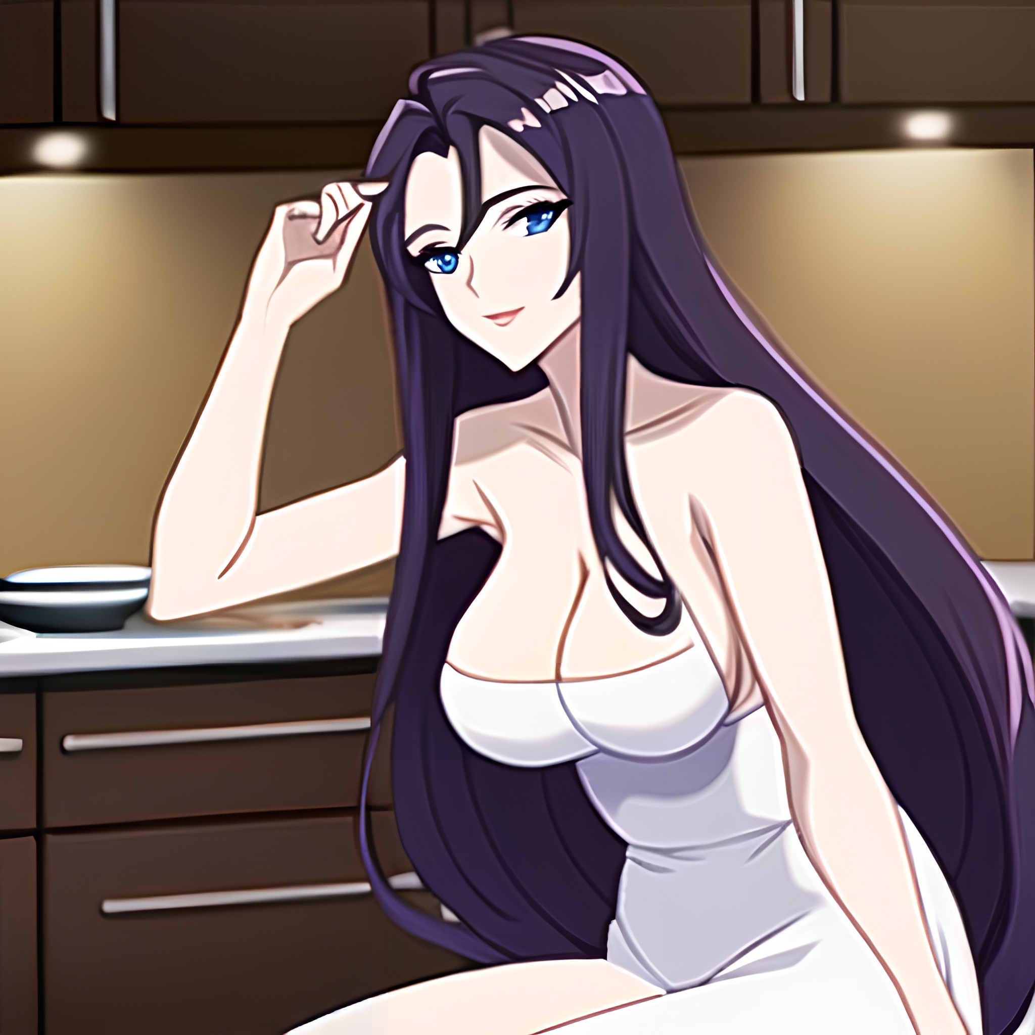 kitchen perfect boobs front view long hair woman nude 