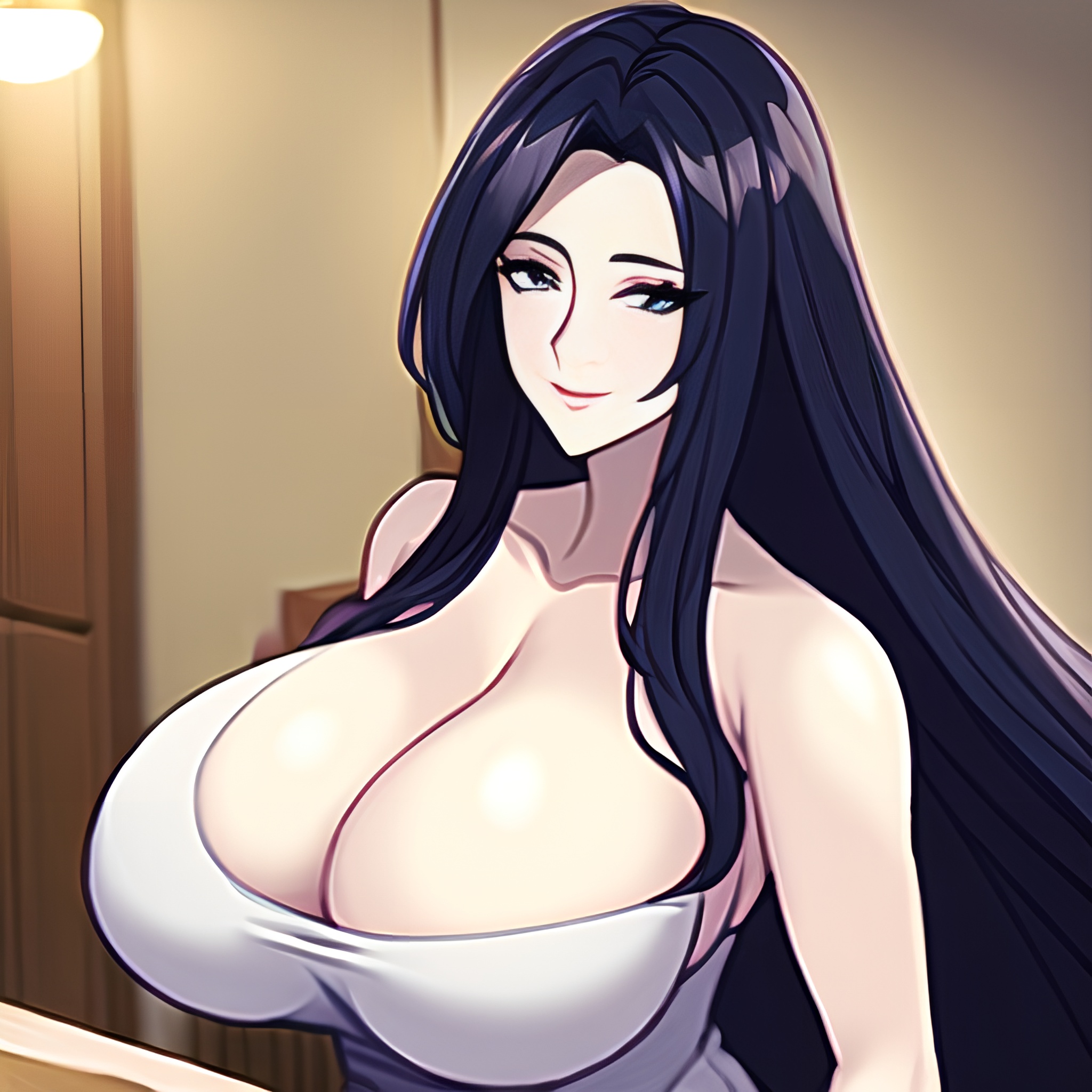 kitchen perfect boobs front view nude long hair woman