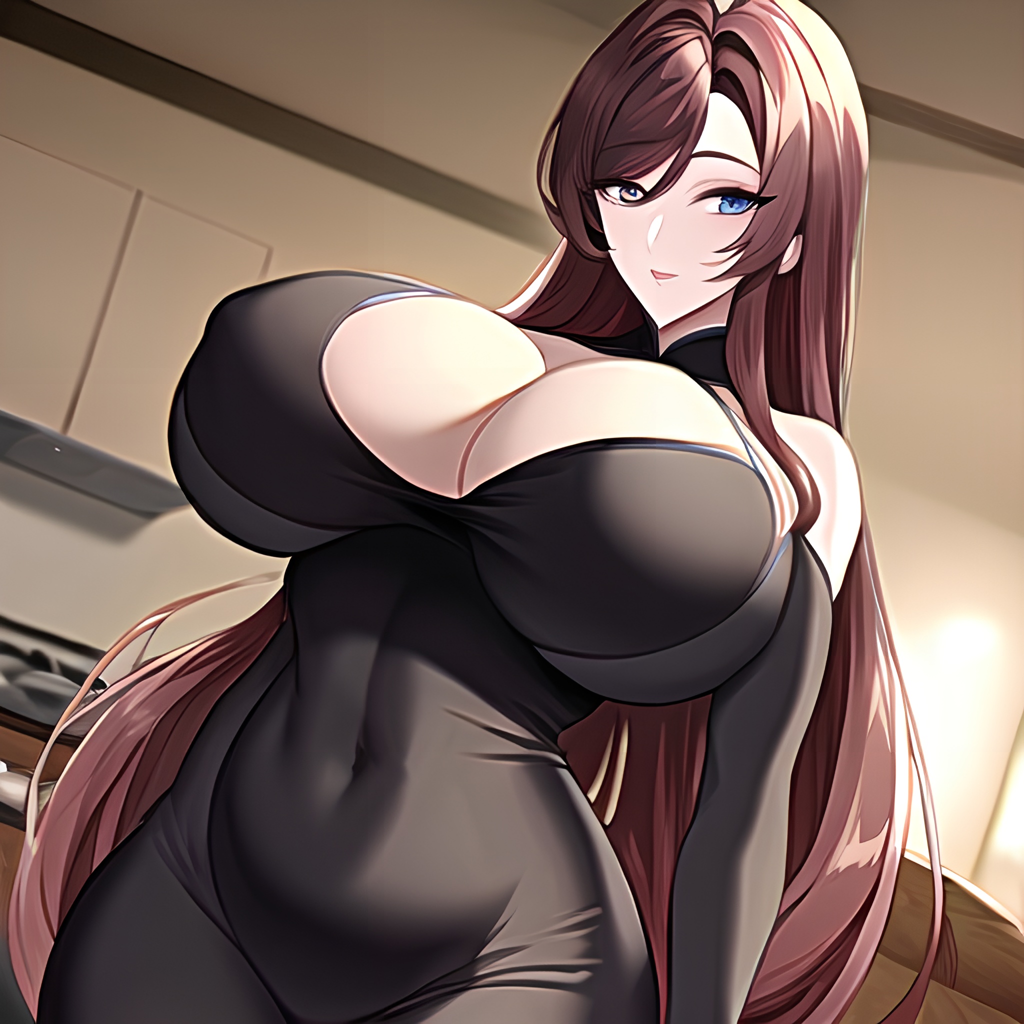 kitchen perfect boobs front view nude long hair woman 