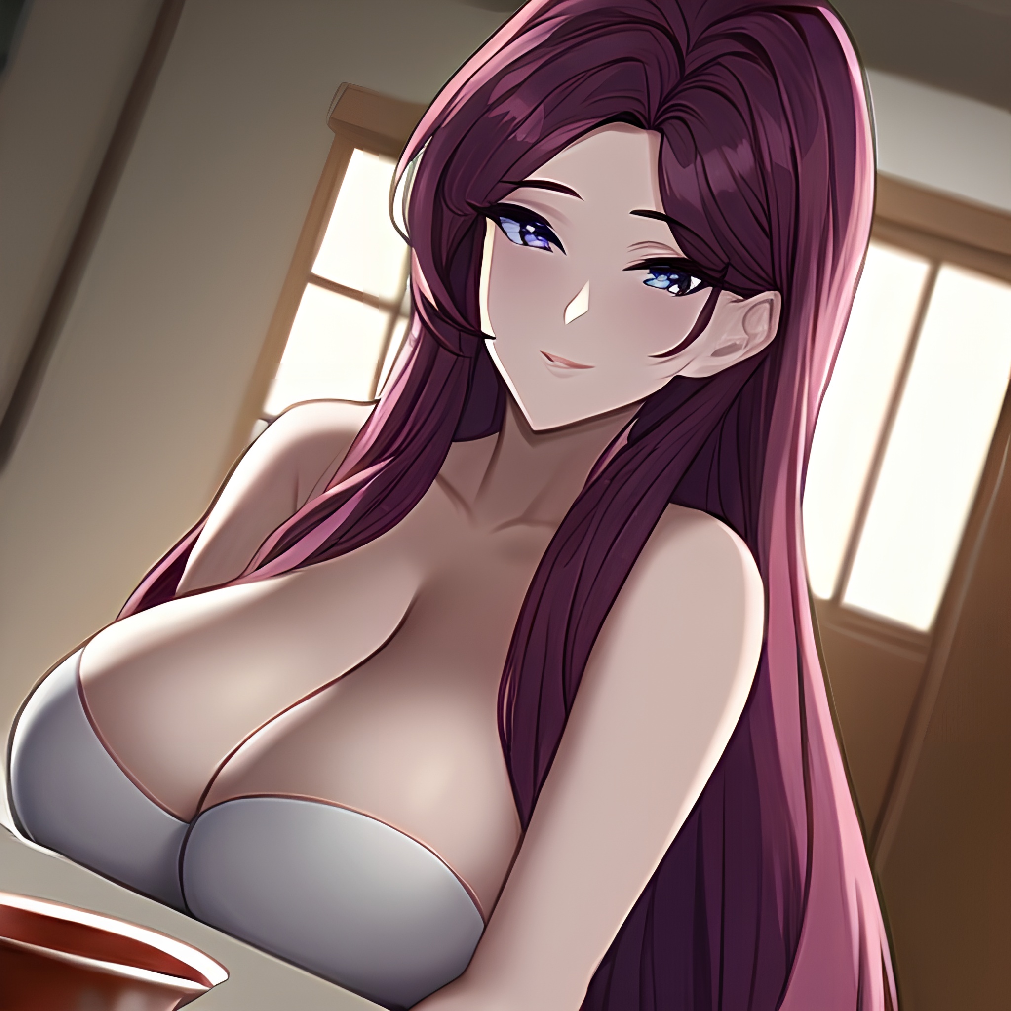 kitchen perfect boobs front view nude woman long hair 