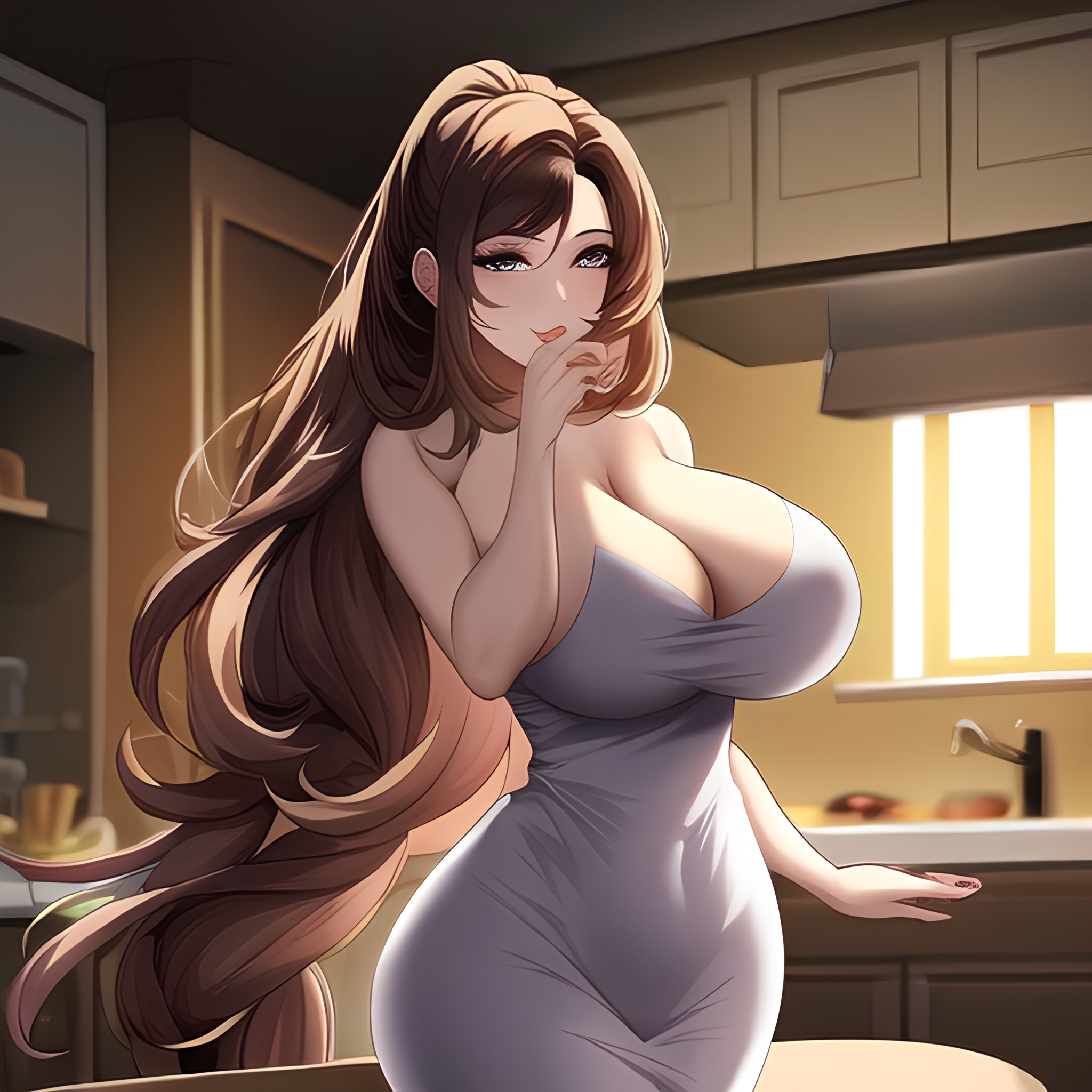 kitchen perfect boobs front view nude woman long hair 
