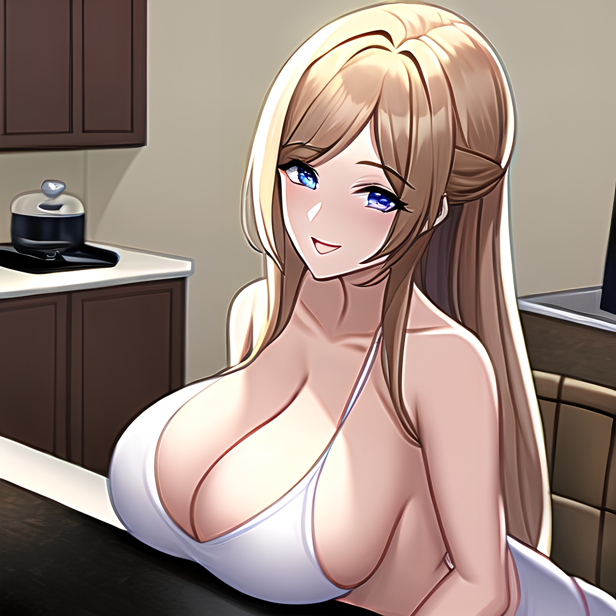 kitchen perfect boobs front view woman nude long hair 