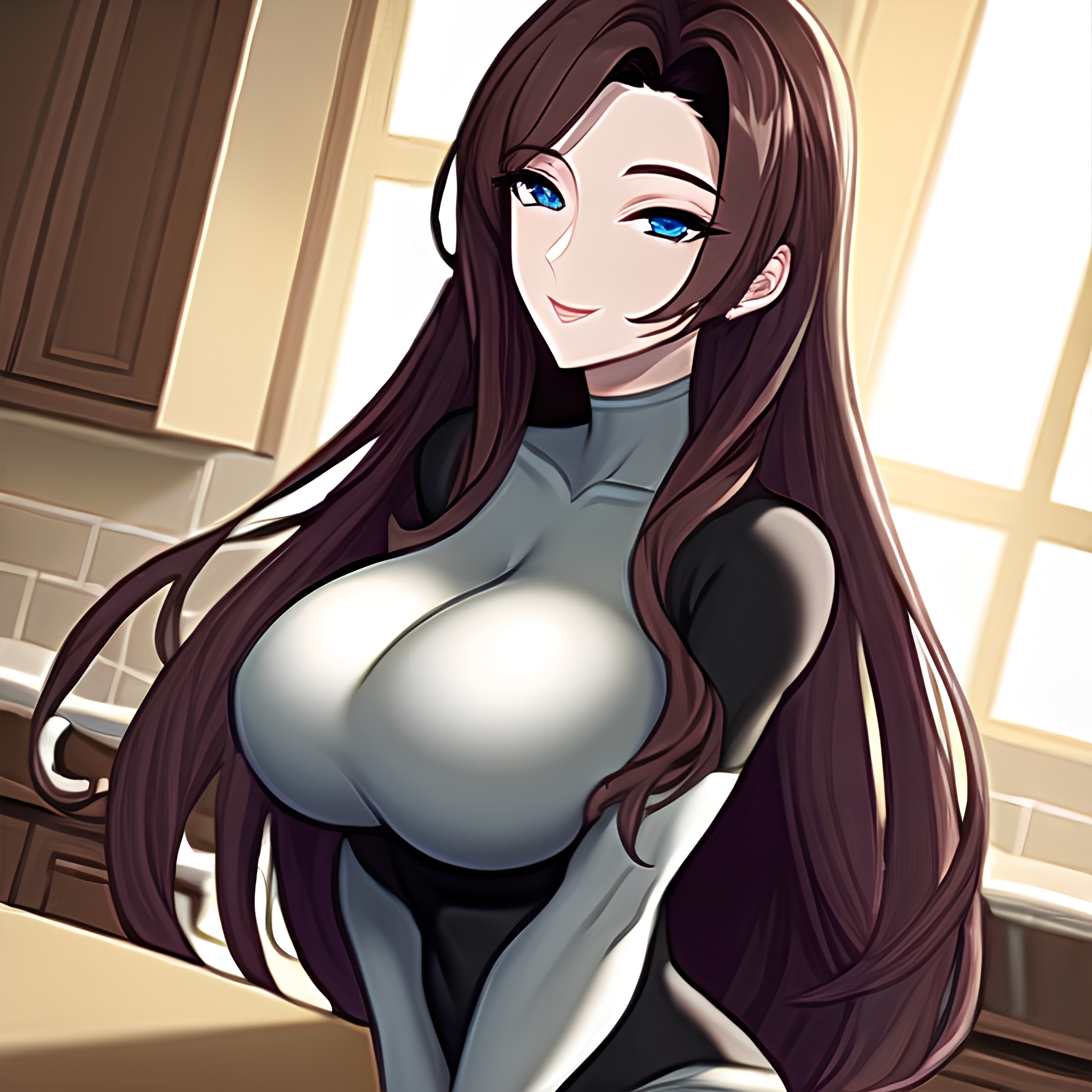 kitchen perfect boobs long hair front view nude woman