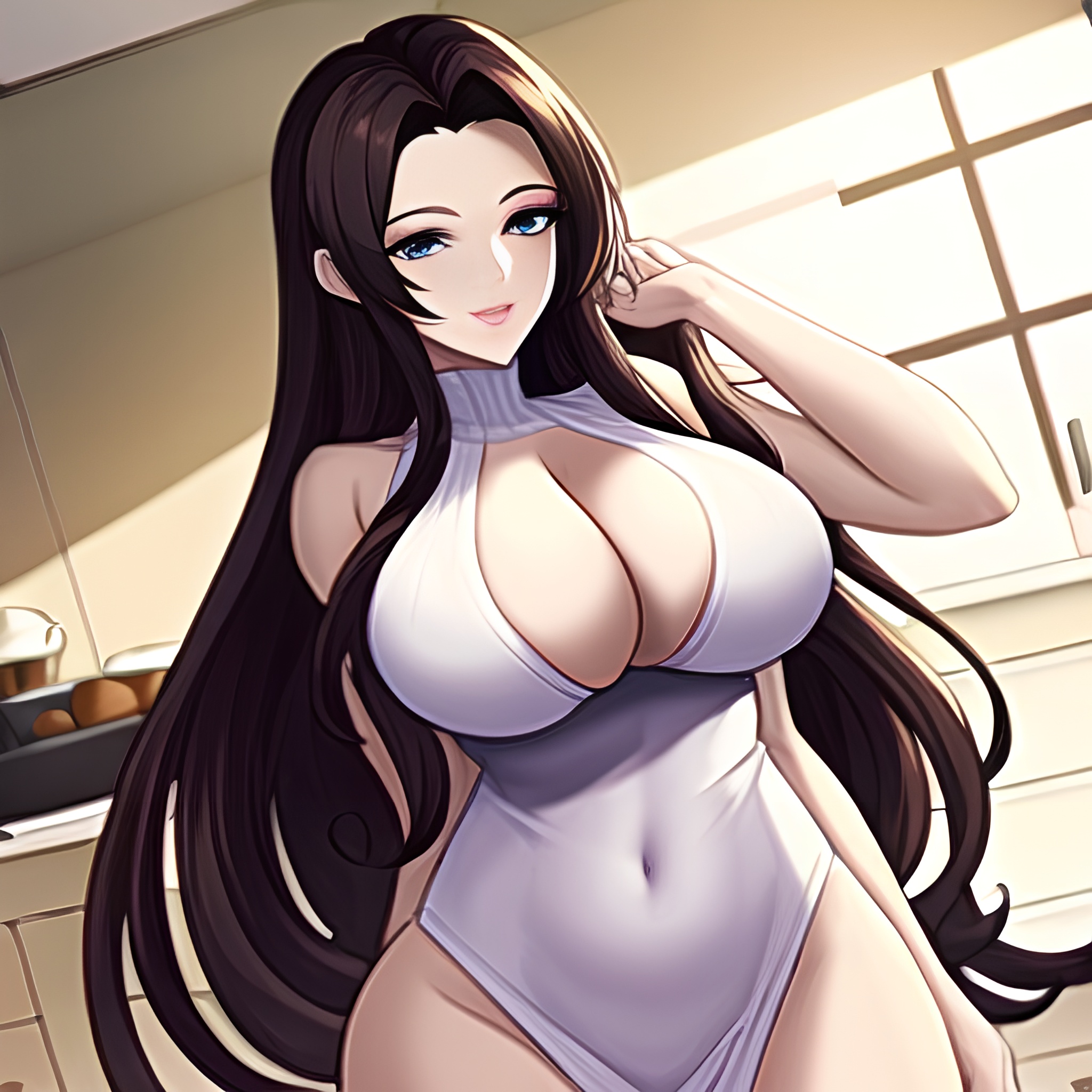 kitchen perfect boobs long hair nude woman front view 