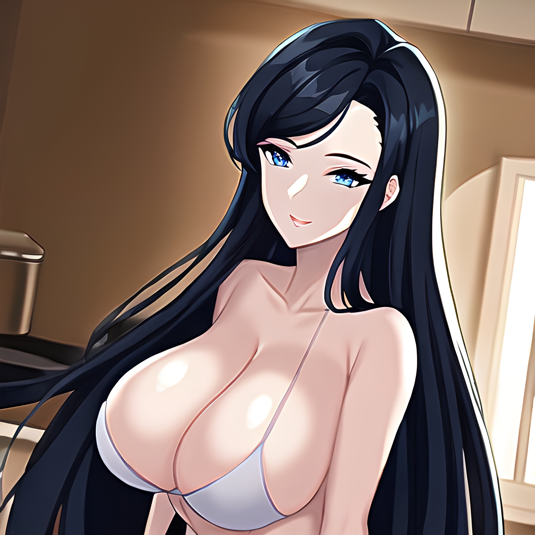 kitchen perfect boobs long hair woman nude front view 