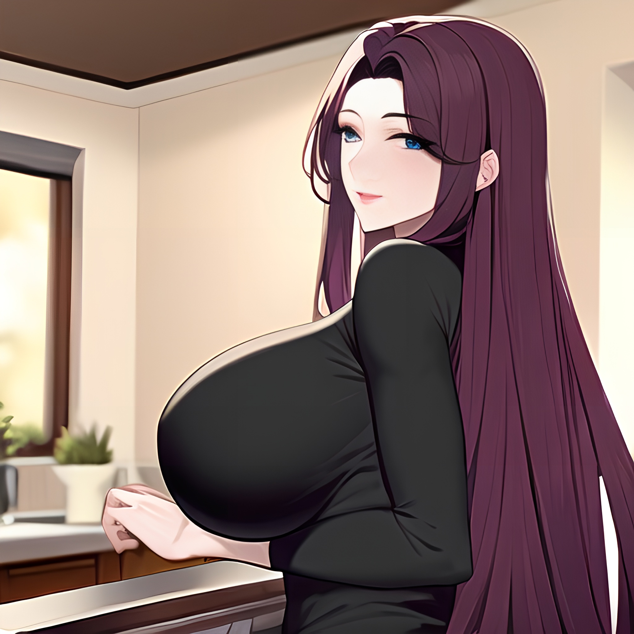 kitchen perfect boobs nude front view long hair woman 