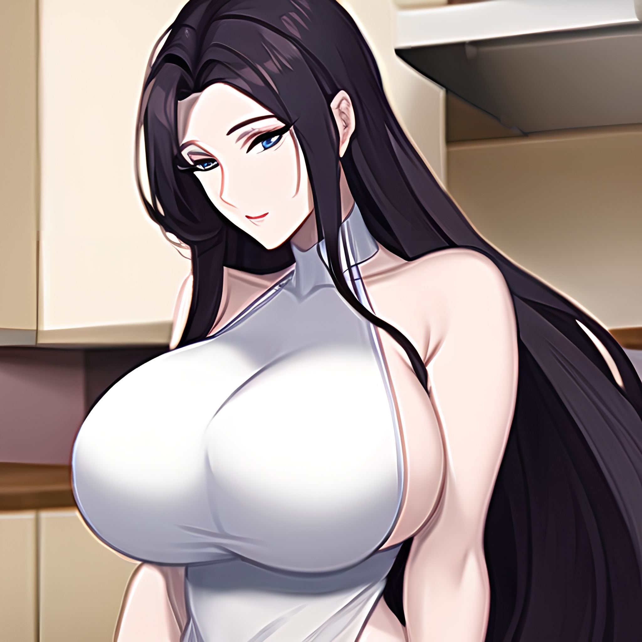 kitchen perfect boobs nude front view long hair woman 