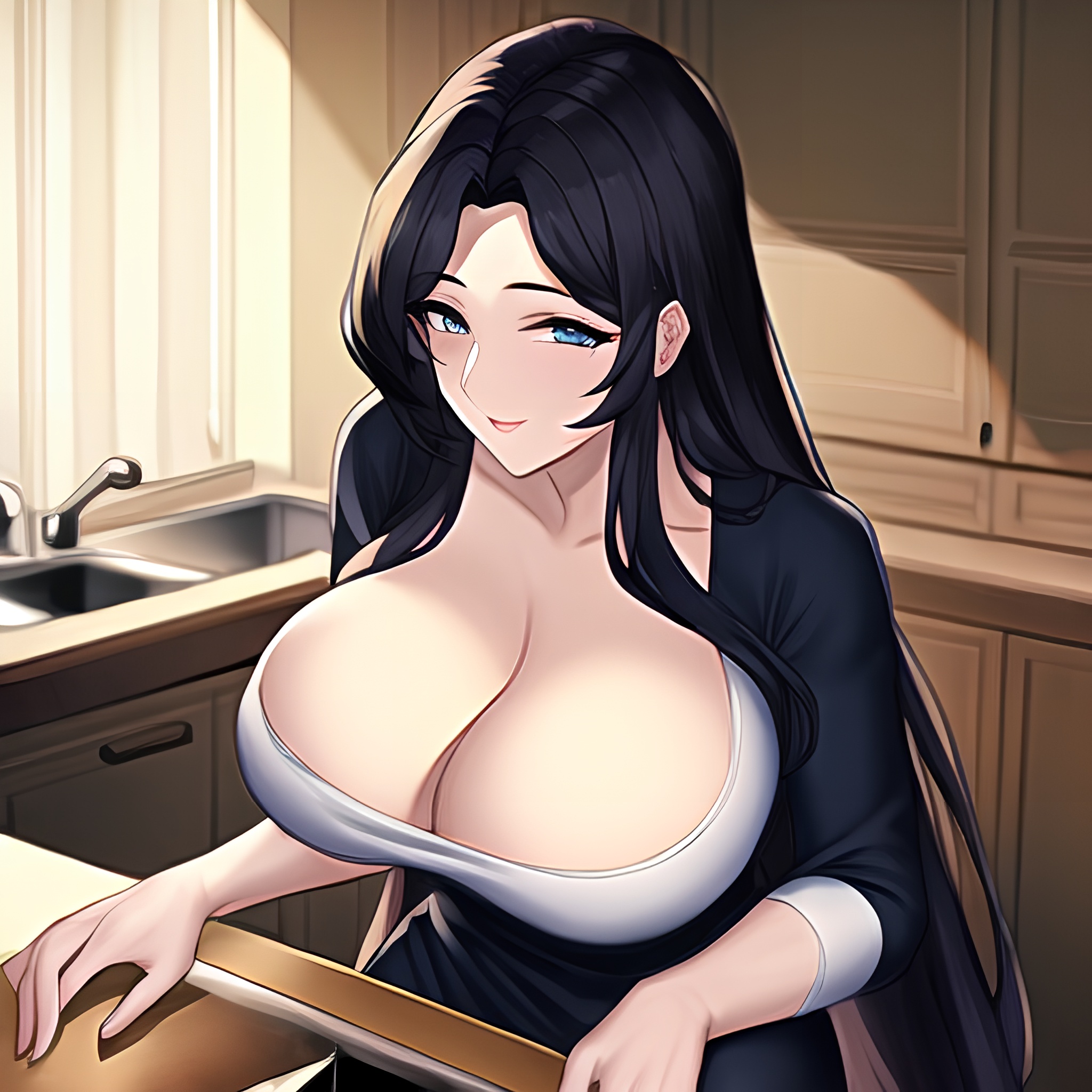 kitchen perfect boobs woman front view nude long hair