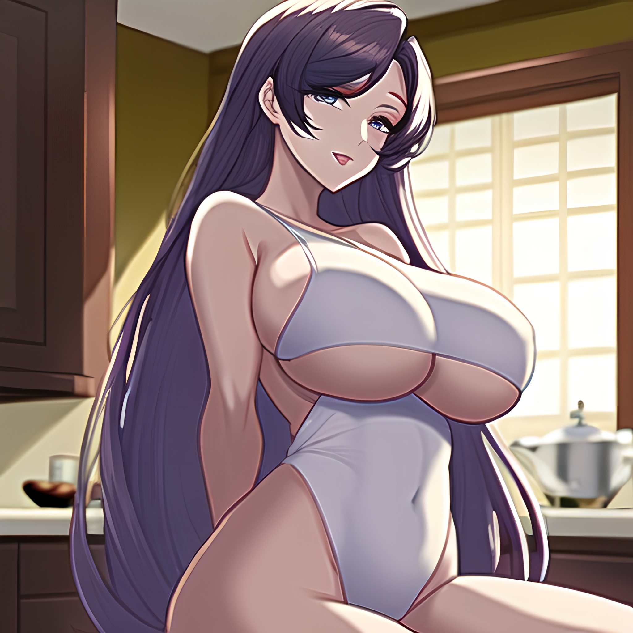 kitchen perfect boobs woman long hair nude front view 