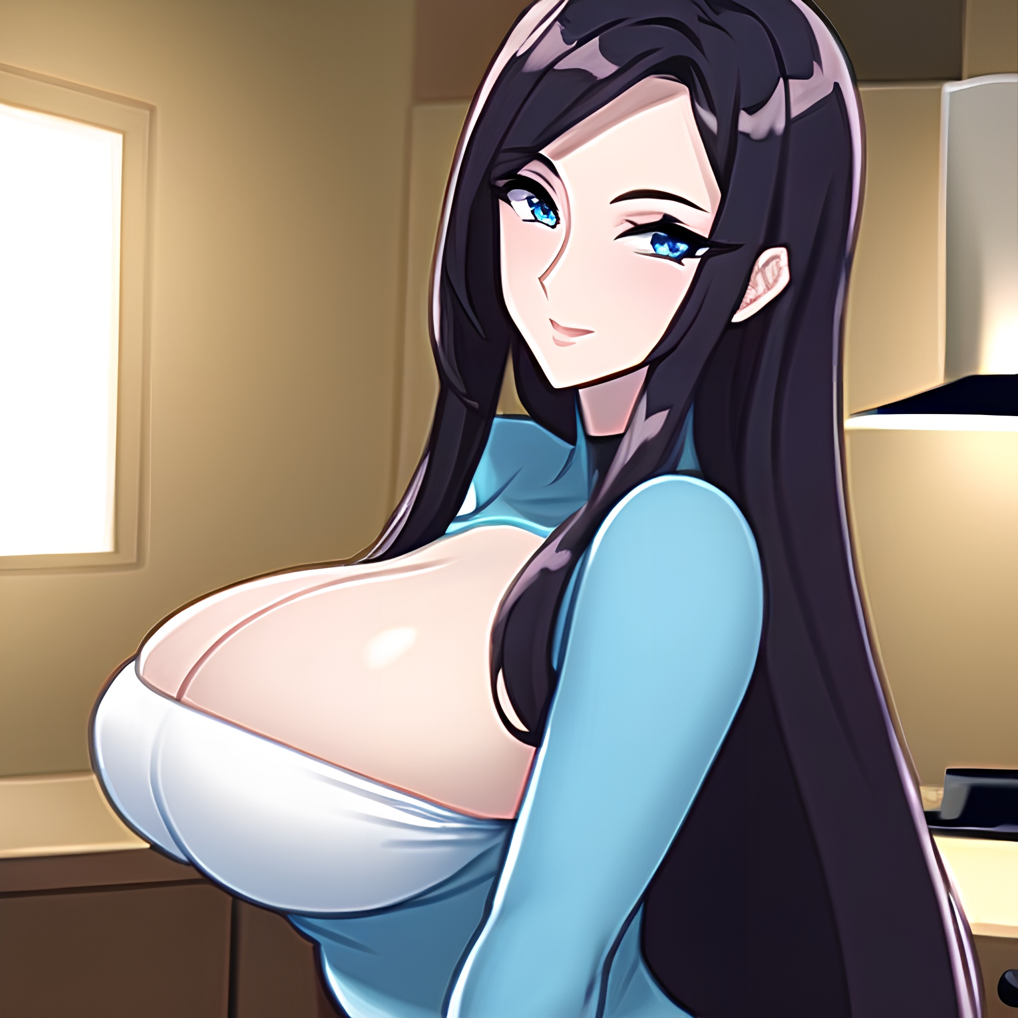 kitchen woman front view nude perfect boobs long hair 