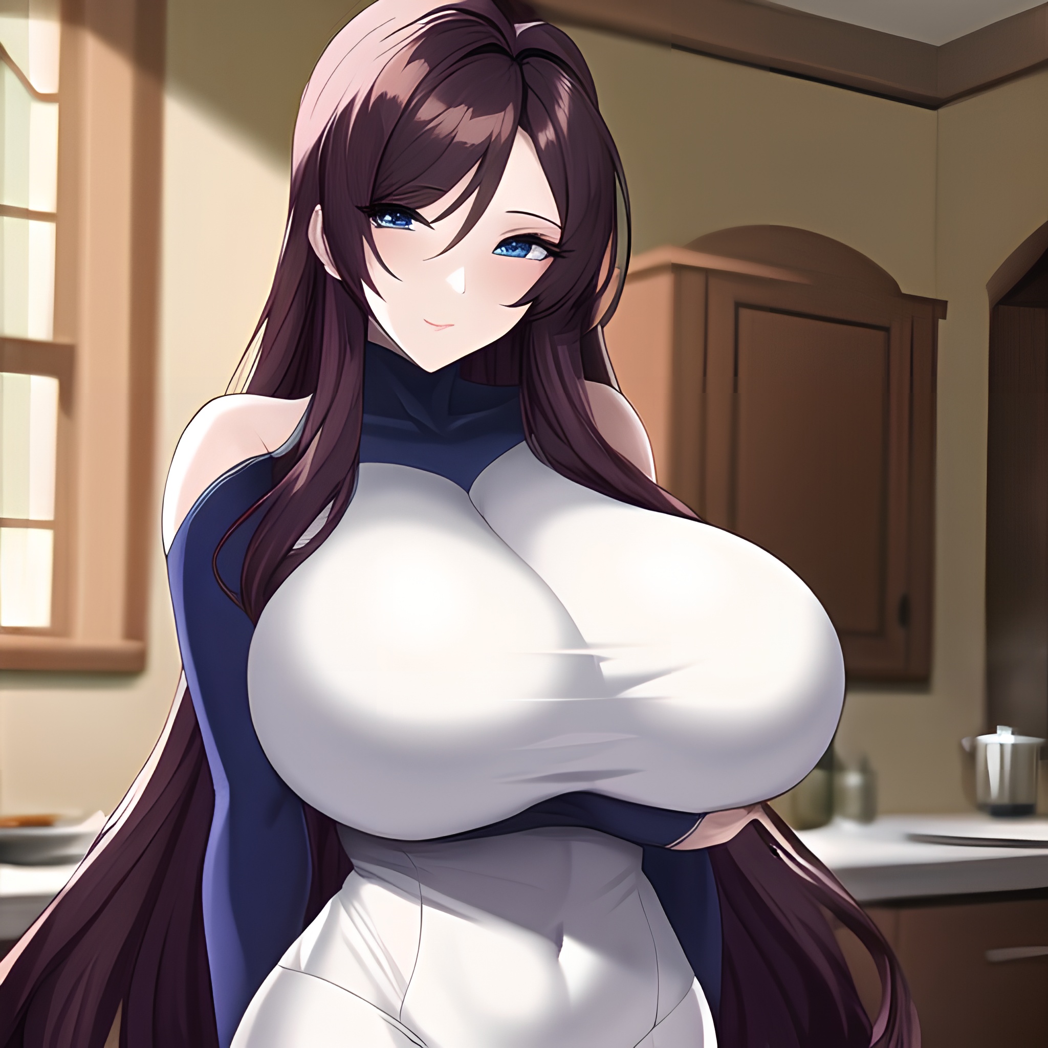 kitchen woman nude perfect boobs front view long hair 