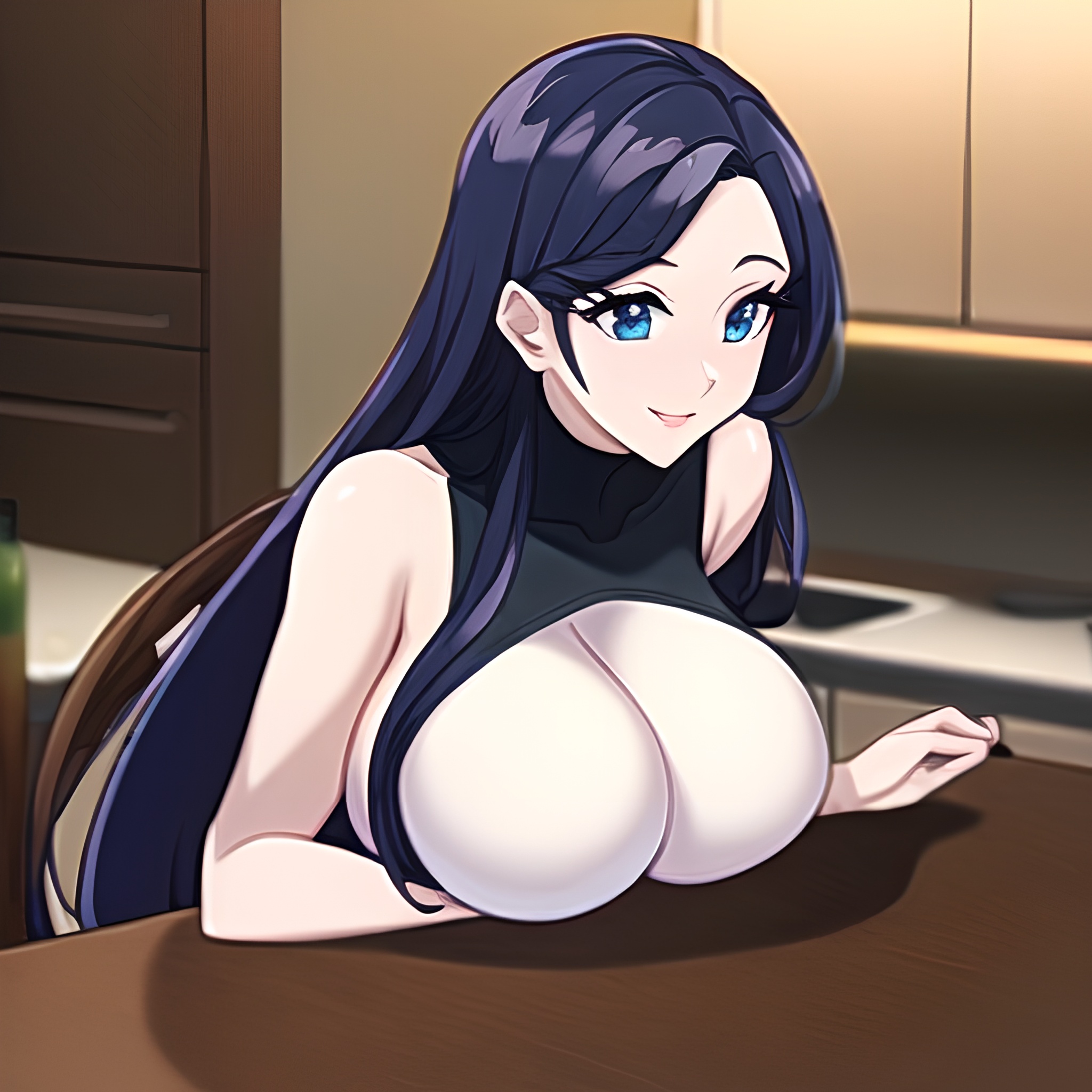 kitchen woman nude perfect boobs long hair front view 