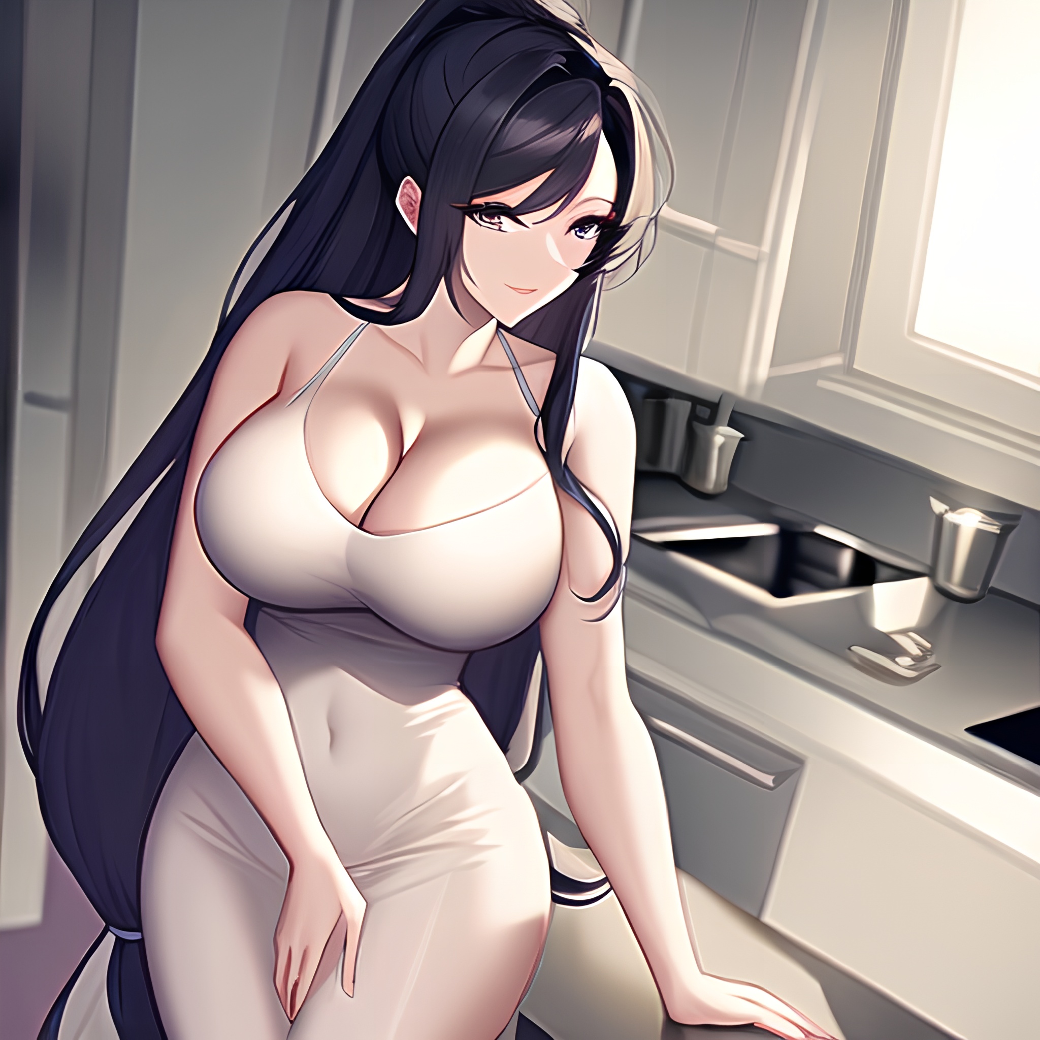 kitchen woman perfect boobs front view nude long hair