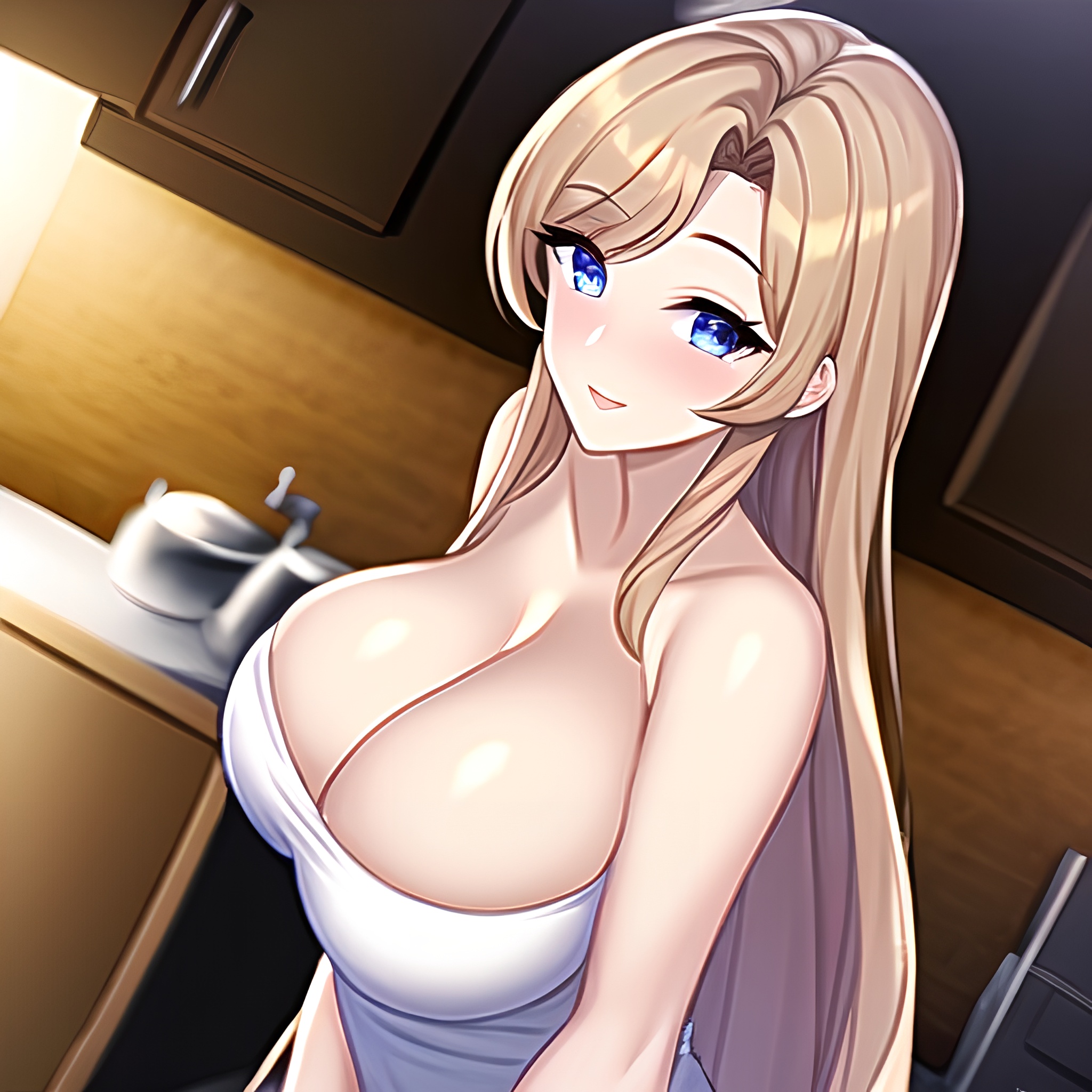 kitchen woman perfect boobs nude front view long hair 