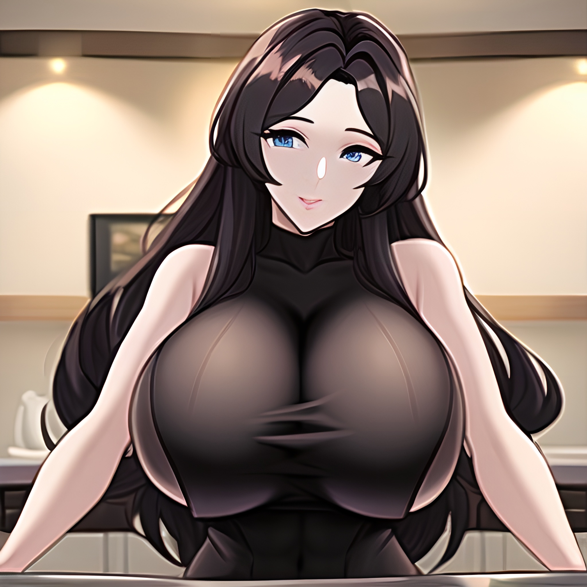 long hair front view kitchen nude perfect boobs woman 