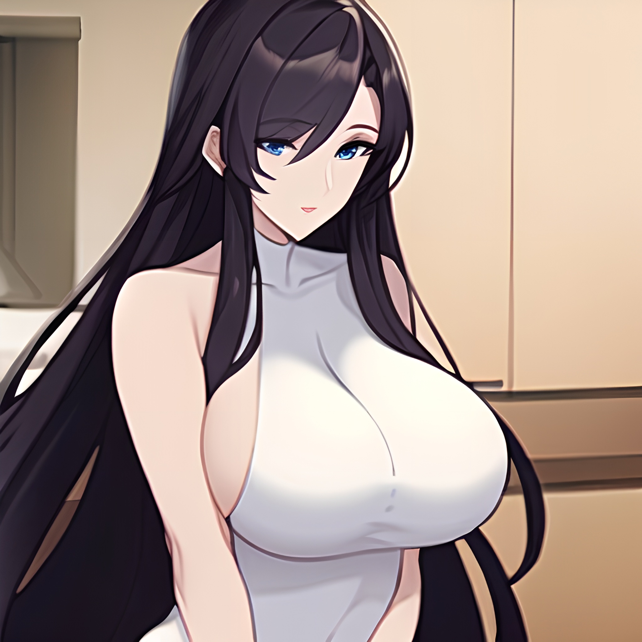 long hair front view kitchen perfect boobs nude woman 