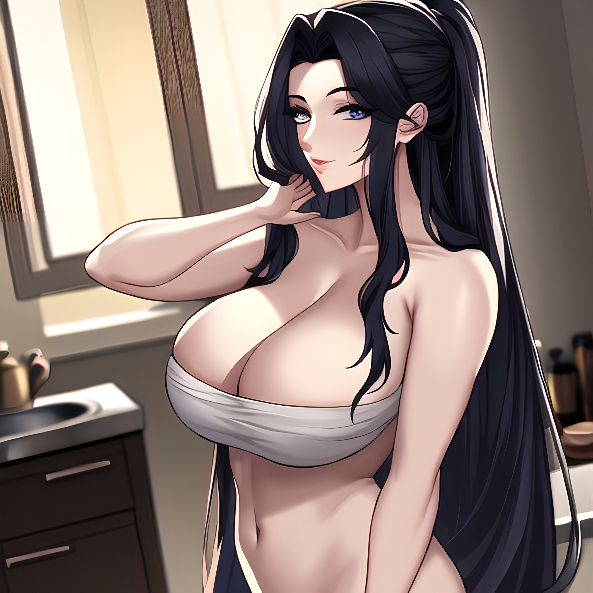 long hair front view kitchen perfect boobs woman nude 