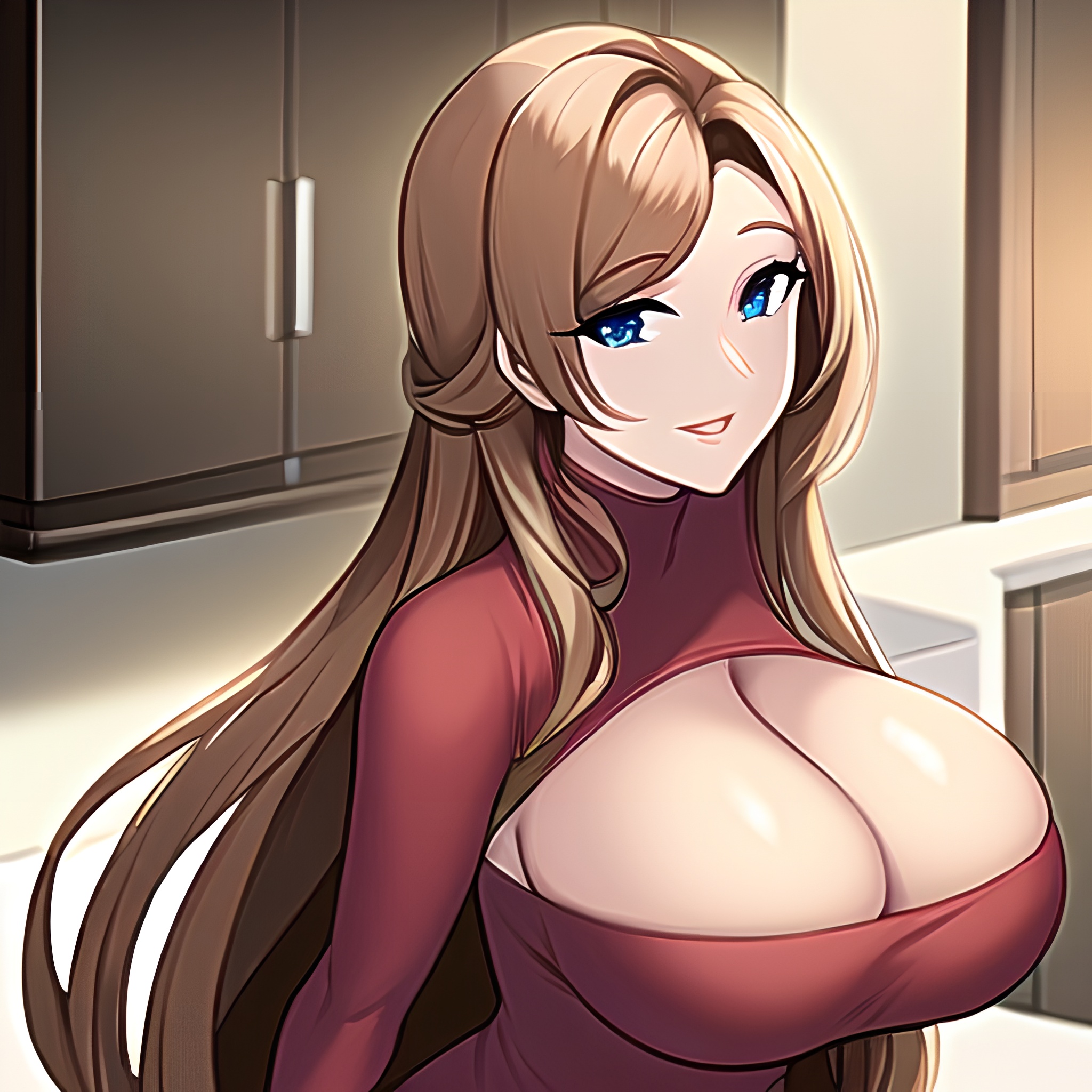 long hair front view nude kitchen perfect boobs woman 