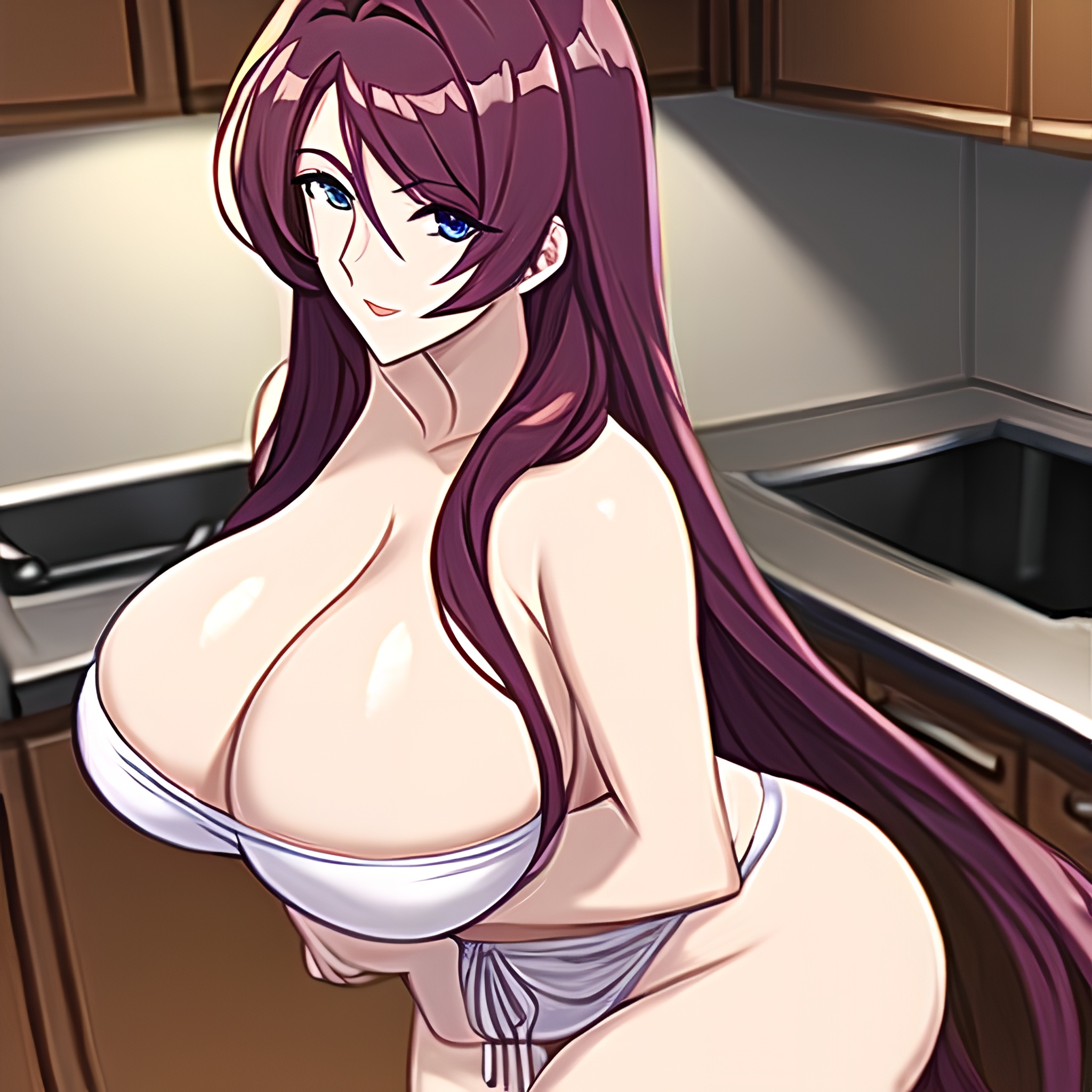 long hair front view nude perfect boobs woman kitchen