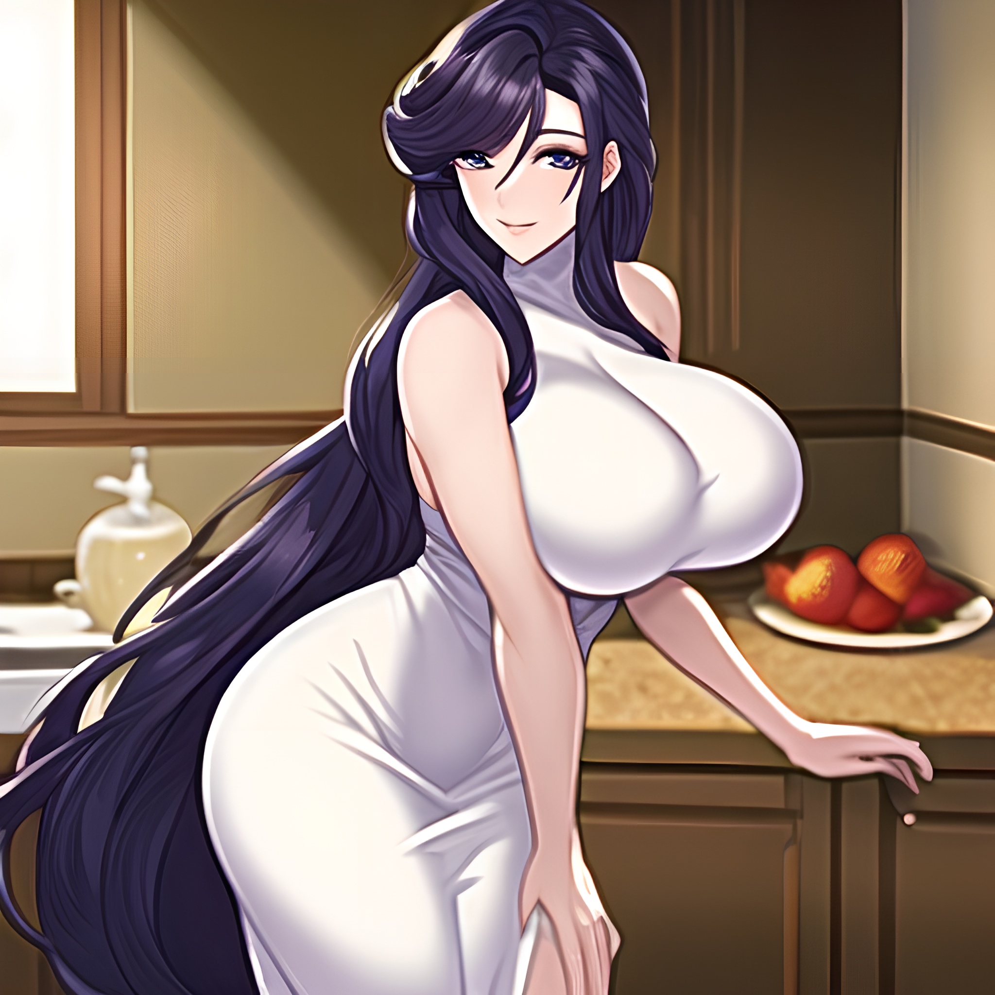 long hair front view perfect boobs nude woman kitchen 