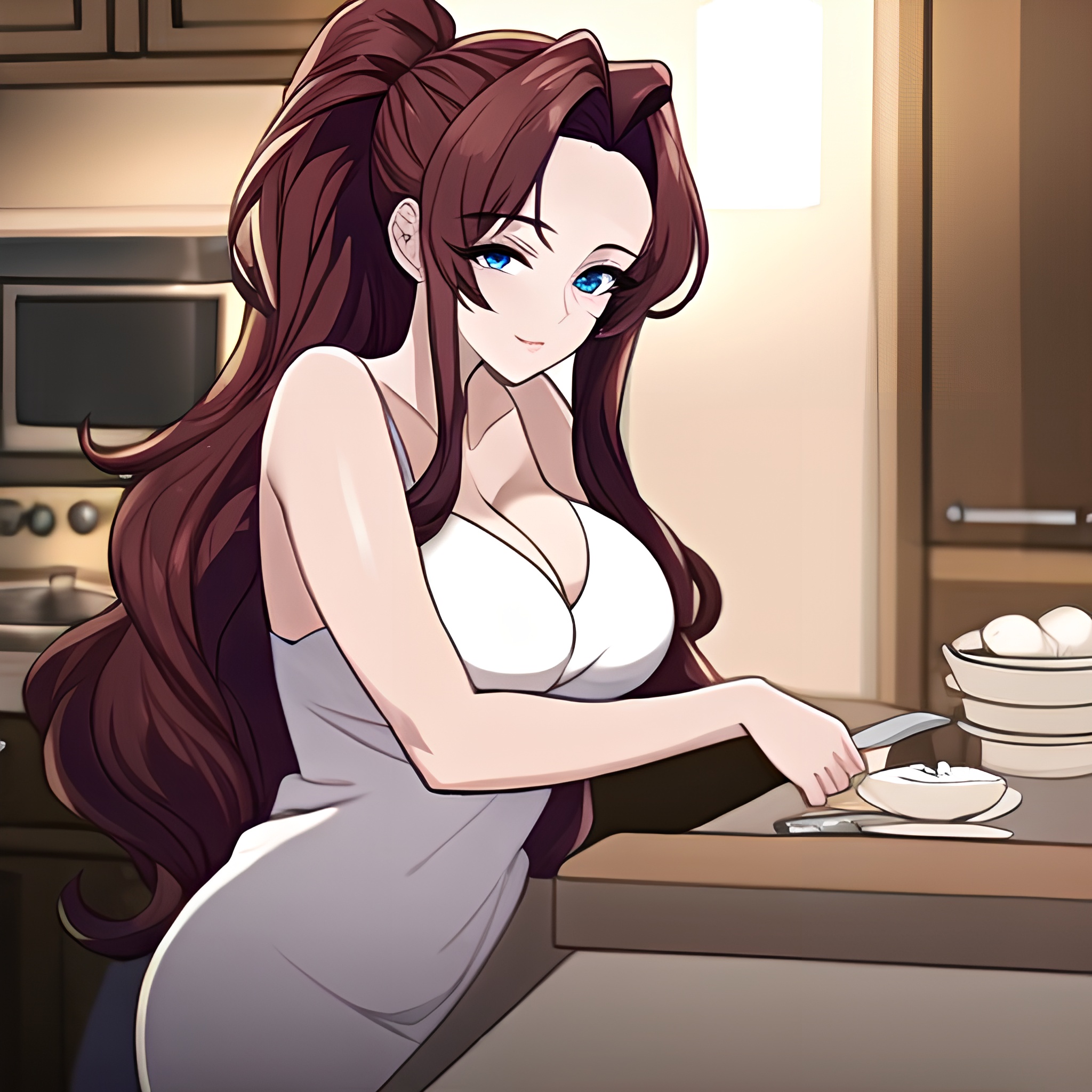 long hair front view woman perfect boobs kitchen nude 