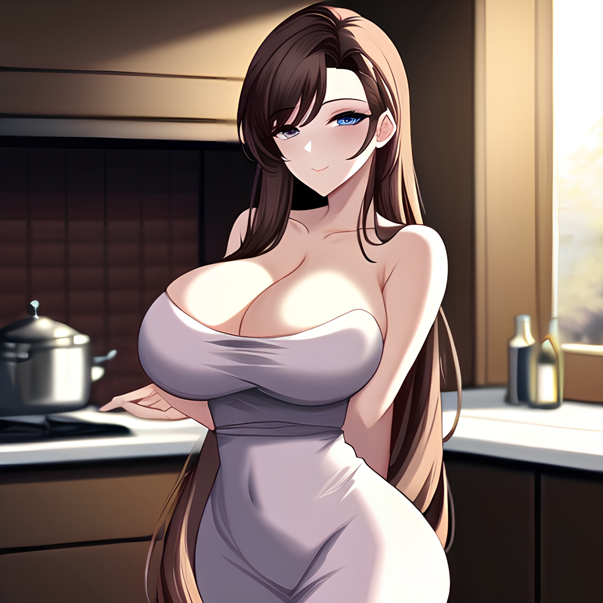 long hair front view woman perfect boobs nude kitchen