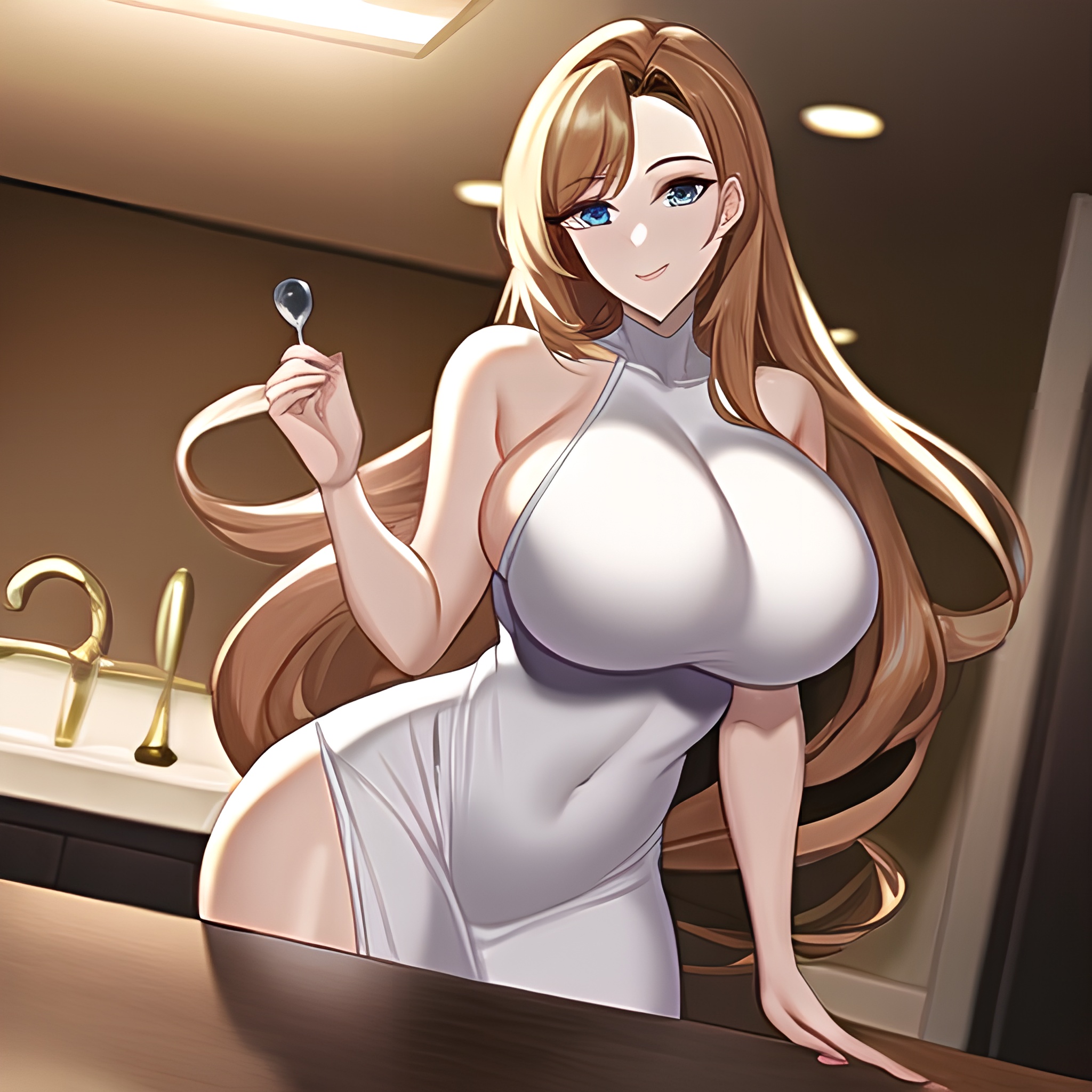 long hair kitchen front view perfect boobs nude woman 