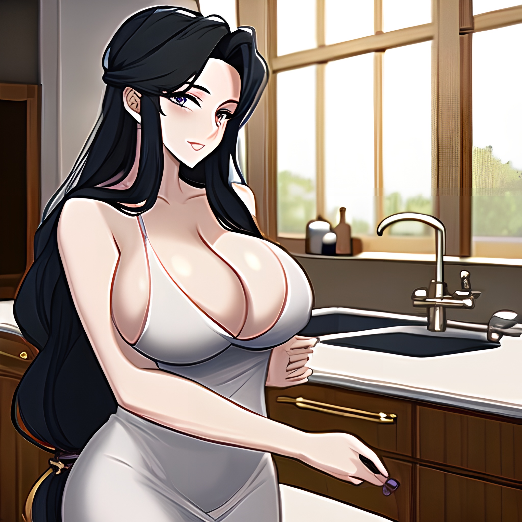 long hair kitchen front view woman nude perfect boobs 