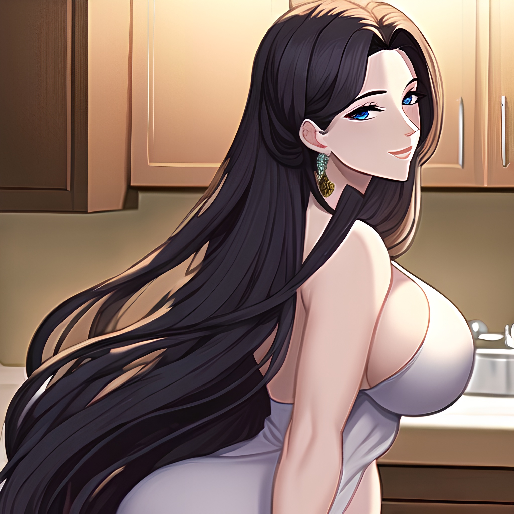 long hair kitchen front view woman perfect boobs nude 