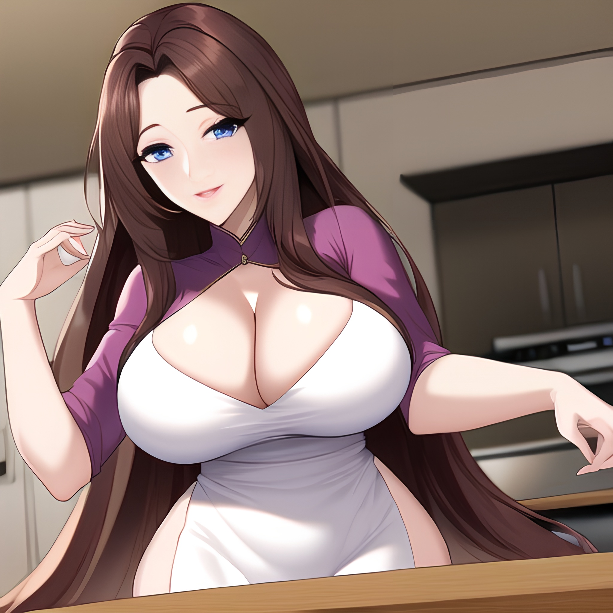 long hair kitchen nude front view perfect boobs woman 