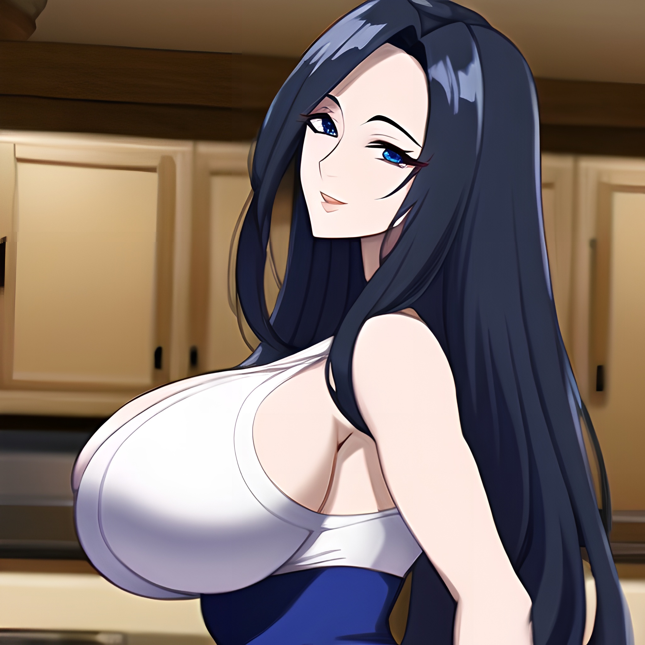 long hair kitchen nude perfect boobs front view woman 