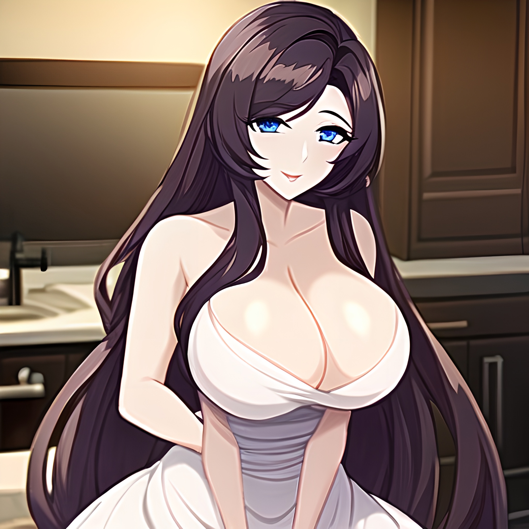 long hair kitchen nude perfect boobs front view woman 