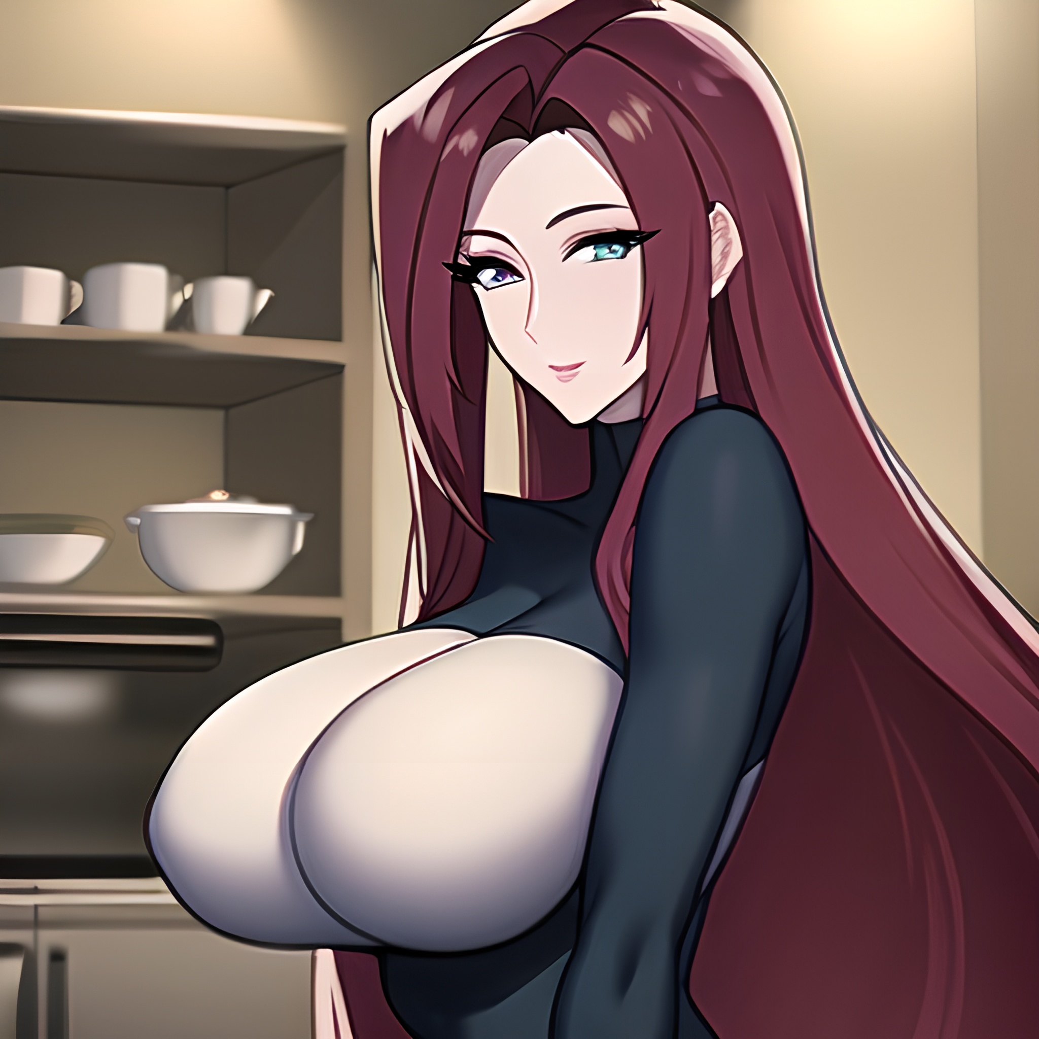 long hair kitchen nude woman front view perfect boobs 