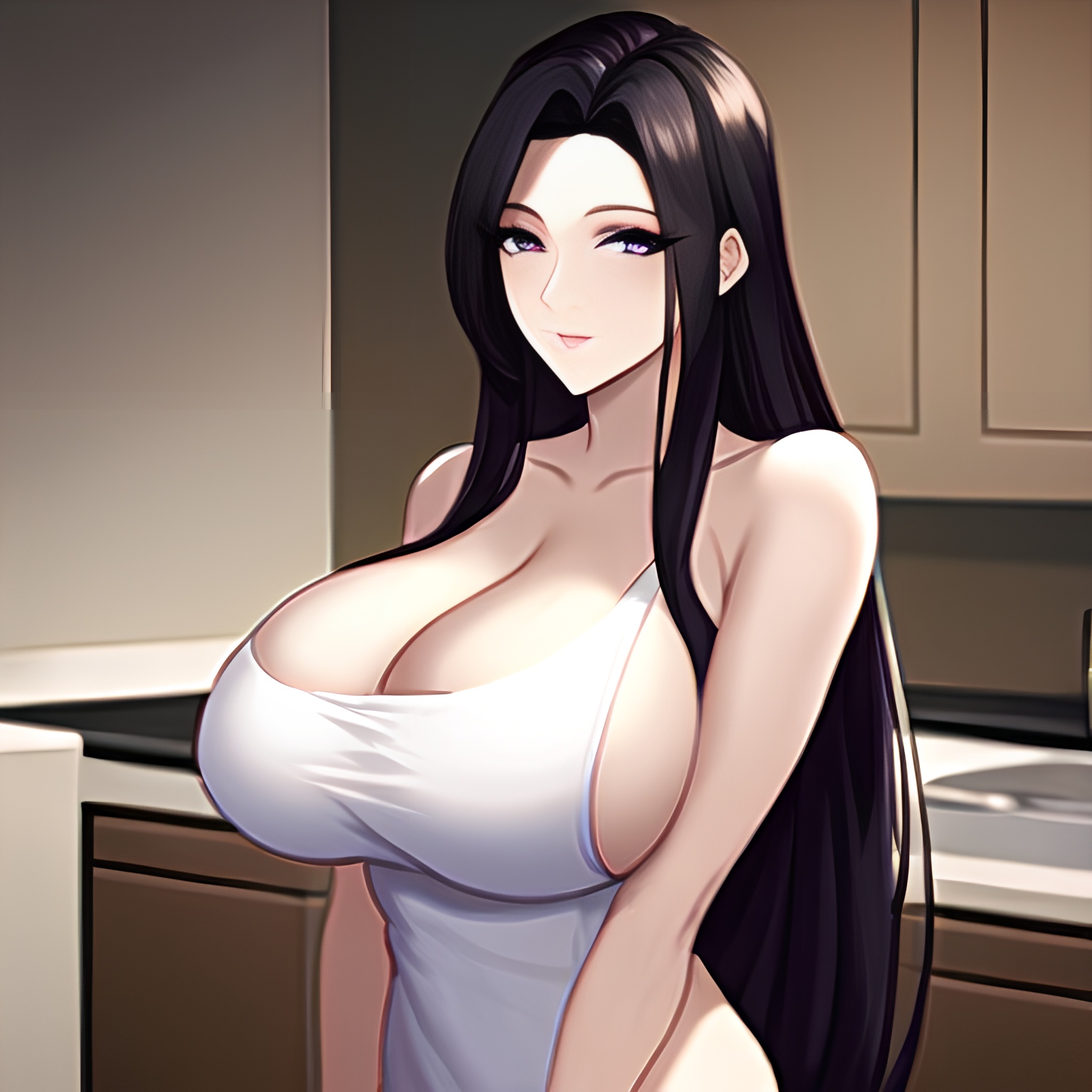 long hair kitchen nude woman front view perfect boobs 